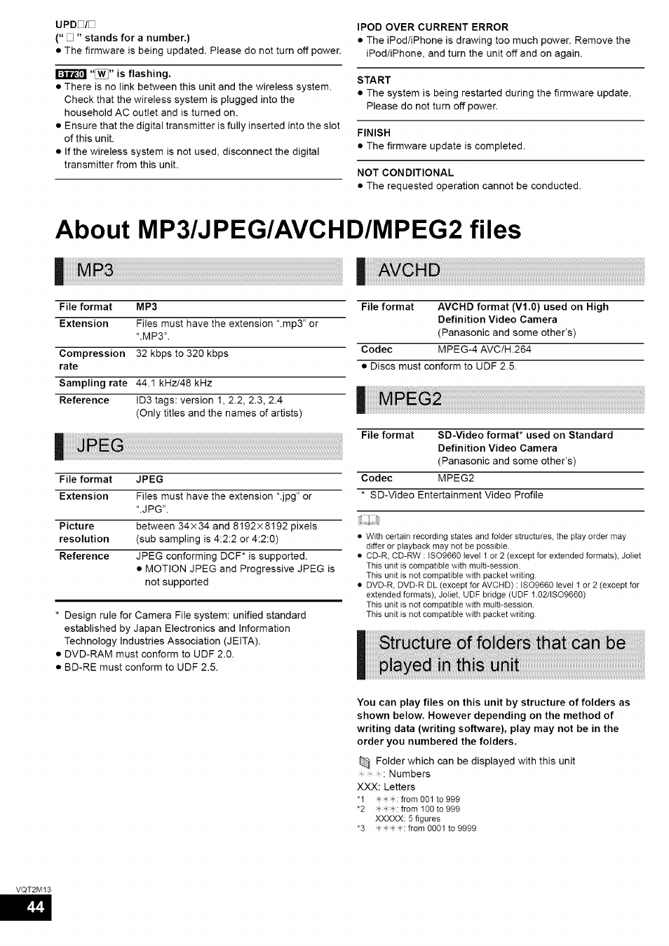 Avchd, About mp3/jpeg/avchd/mpeg2 files, Mp3 avchd | Jpeg | Panasonic SC-BT730 User Manual | Page 44 / 52