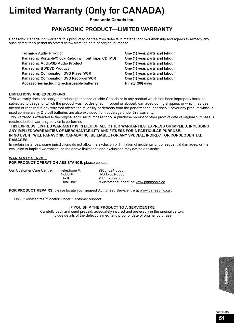 Panasonic product—limited warranty, Limited warranty (only for canada) | Panasonic SC-BT730 User Manual | Page 51 / 52