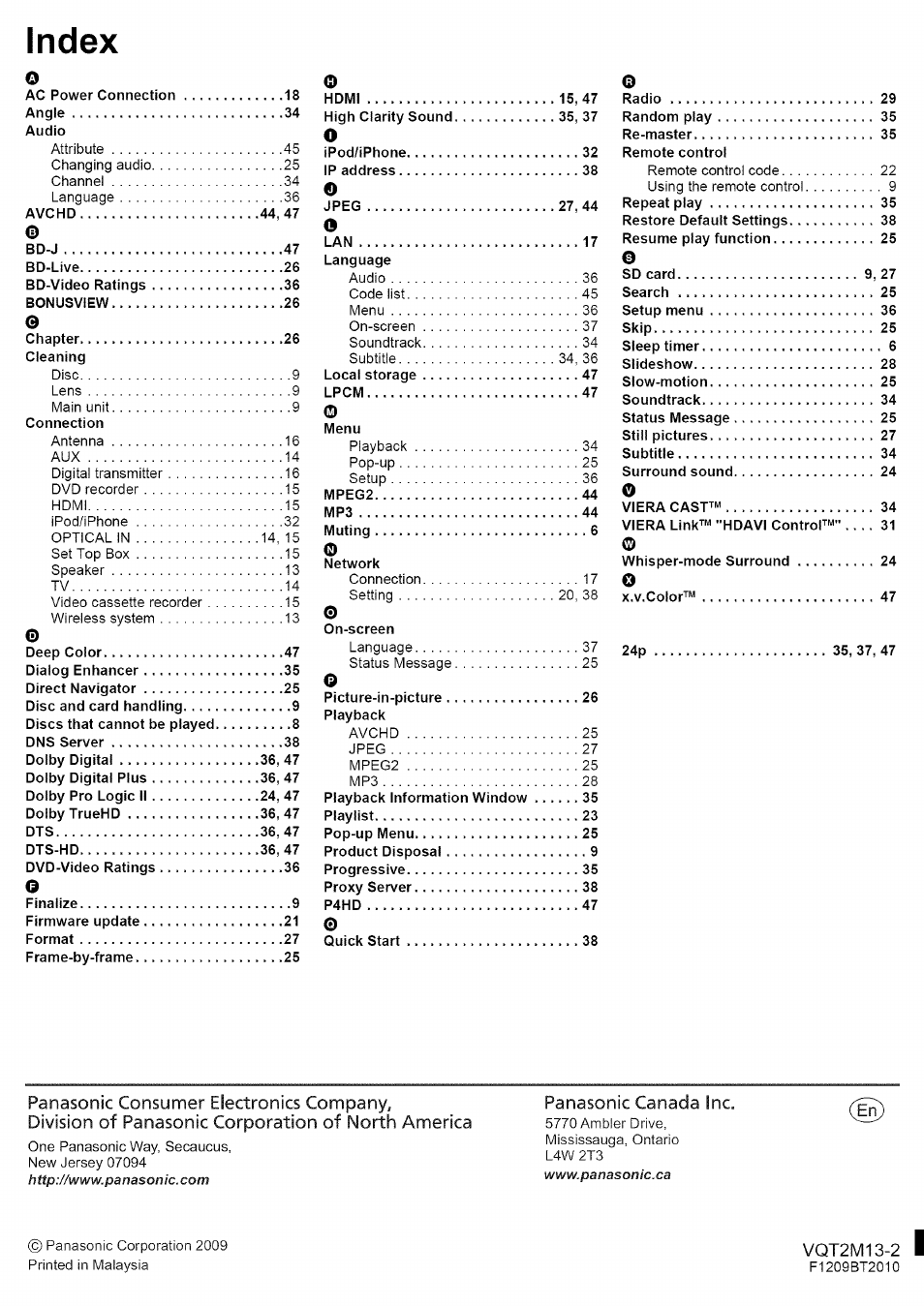 Index, Panasonic canada inc | Panasonic SC-BT730 User Manual | Page 52 / 52