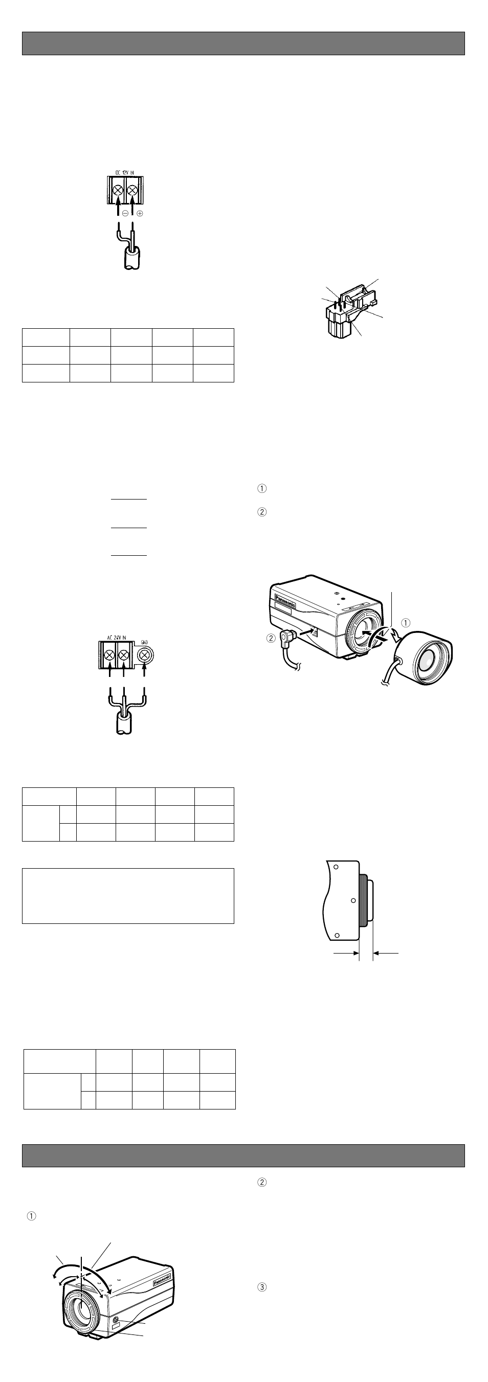 Connections, A. wv-cp240 (120v ac 60hz), B. wv-cp242 (12v dc) | C. wv-cp244 (24v ac 60hz), Video cable, Installation of auto iris lens connector, Mounting the lens, Focus or flange-back adjustment, Connector, Caution for mounting the lens | Panasonic WV-CP240 User Manual | Page 3 / 4