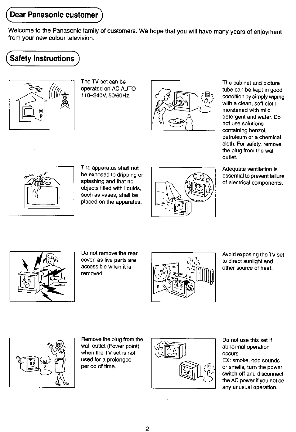 Dear panasonic customer, Safety instructions | Panasonic TC-14Z88A User Manual | Page 2 / 24