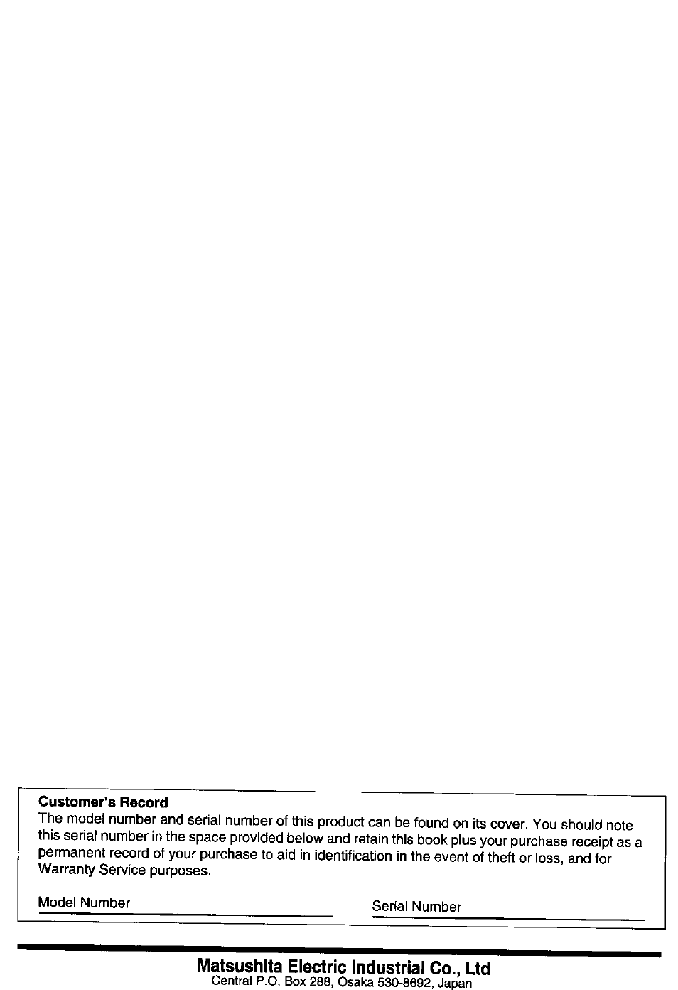 Customer’s record, Matsushita electric industrial co., ltd | Panasonic TC-14Z88A User Manual | Page 24 / 24
