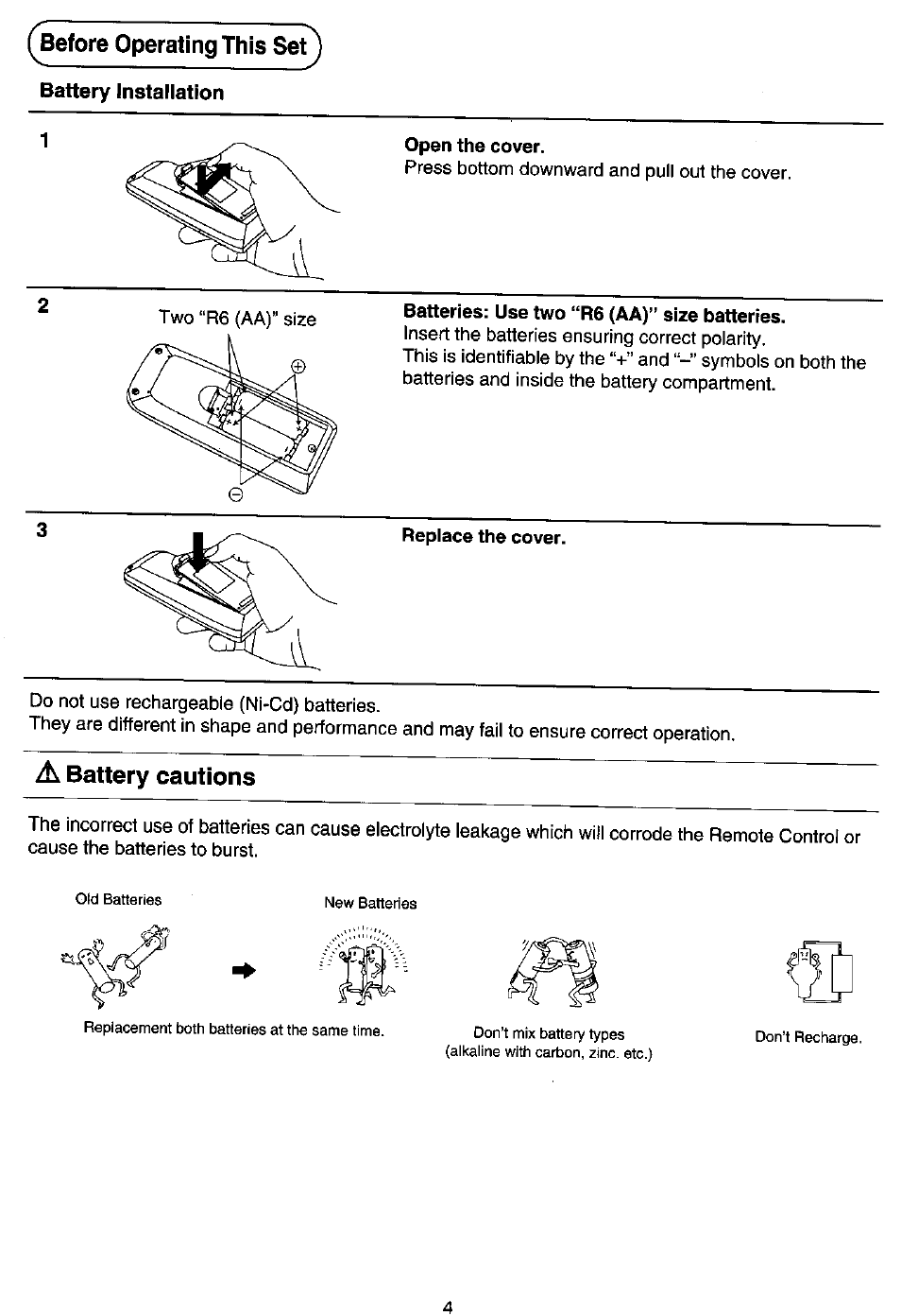 Before operating this set, Battery cautions | Panasonic TC-14Z88A User Manual | Page 4 / 24