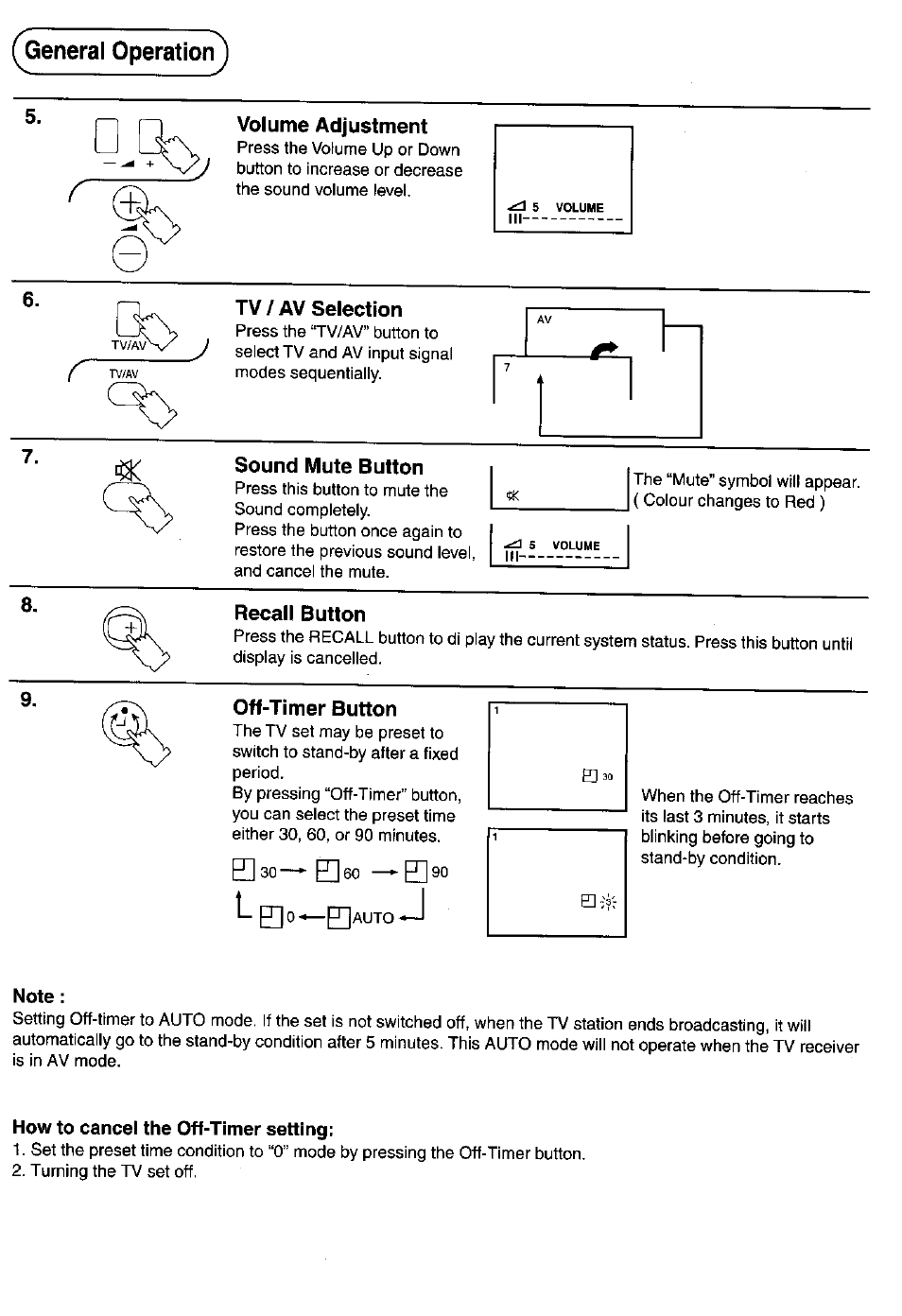 Note, How to cancel the off-timer setting | Panasonic TC-14Z88A User Manual | Page 6 / 24