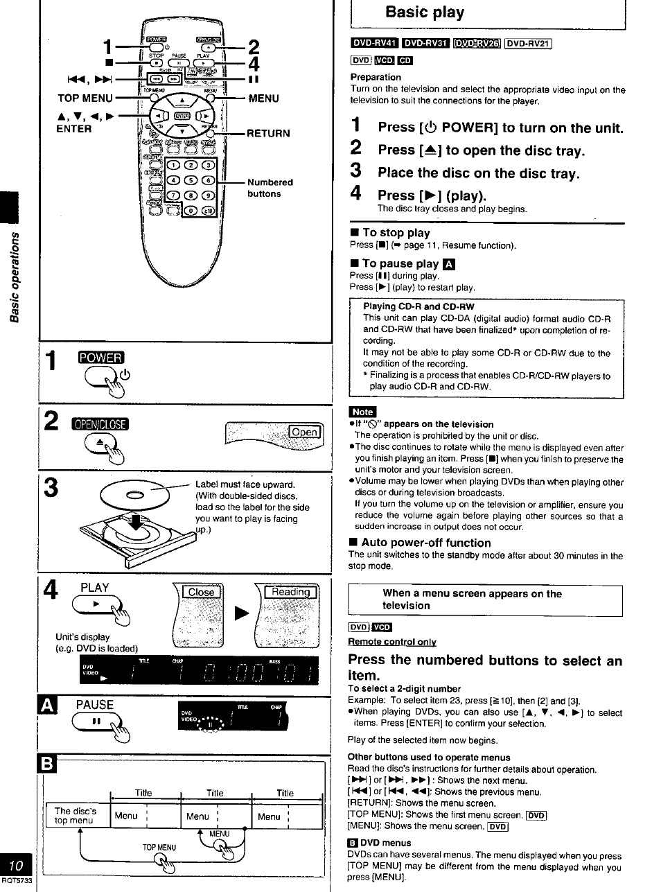 Menu, Return, Preparation | 1 press [c!) power] to turn on the unit, 2 press [a] to open the disc tray, 3 place the disc on the disc tray, 4 press [►] (play), To stop play, To pause play q, Playing cd-r and cd-rw | Panasonic DVD-RV21 User Manual | Page 10 / 36