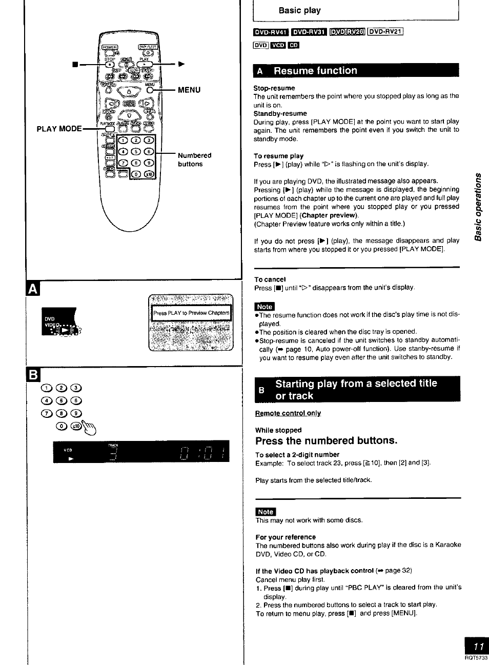 Menu, Basic play, A resume function | Stop-resume, To resume play, To cancel, Starting play from a selected title, Or track, Remote control only, While stopped | Panasonic DVD-RV21 User Manual | Page 11 / 36