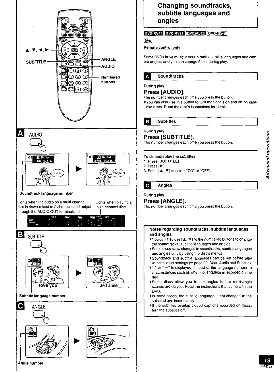 Subtitle language number, Soundtracks, During play | Press [audio, Subtitles, Press [subtitle, To clear/display the subtitles, Angles, Press [angle, Notes regarding soundtracks, subtitle languages | Panasonic DVD-RV21 User Manual | Page 13 / 36