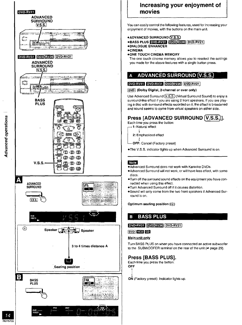 Advanced, Surround, 3 to 4 times distance a | Seating position, Bass, Plus, Advanced surround (v.s.sj, Dialogue enhancer, Cinema, One touch cinema memory | Panasonic DVD-RV21 User Manual | Page 14 / 36