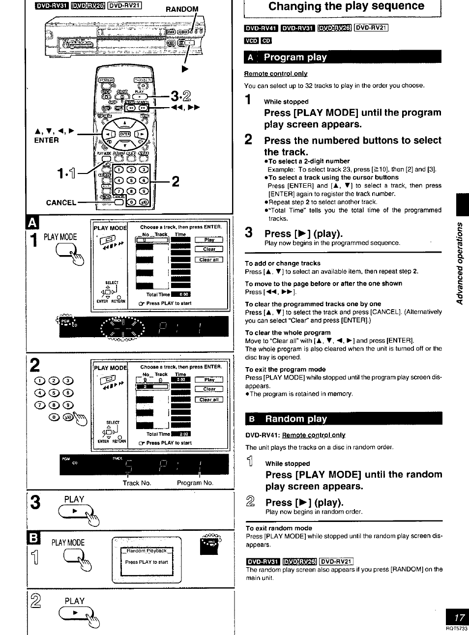 I leggam i^d-rv21 i, A ; program play, Remote control only | While stopped, 2 press the numbered buttons to select the track, 3 press [►] (play), To add or change tracks, To clear the whole program, B random play, Dvd-rv41: remote control only | Panasonic DVD-RV21 User Manual | Page 17 / 36