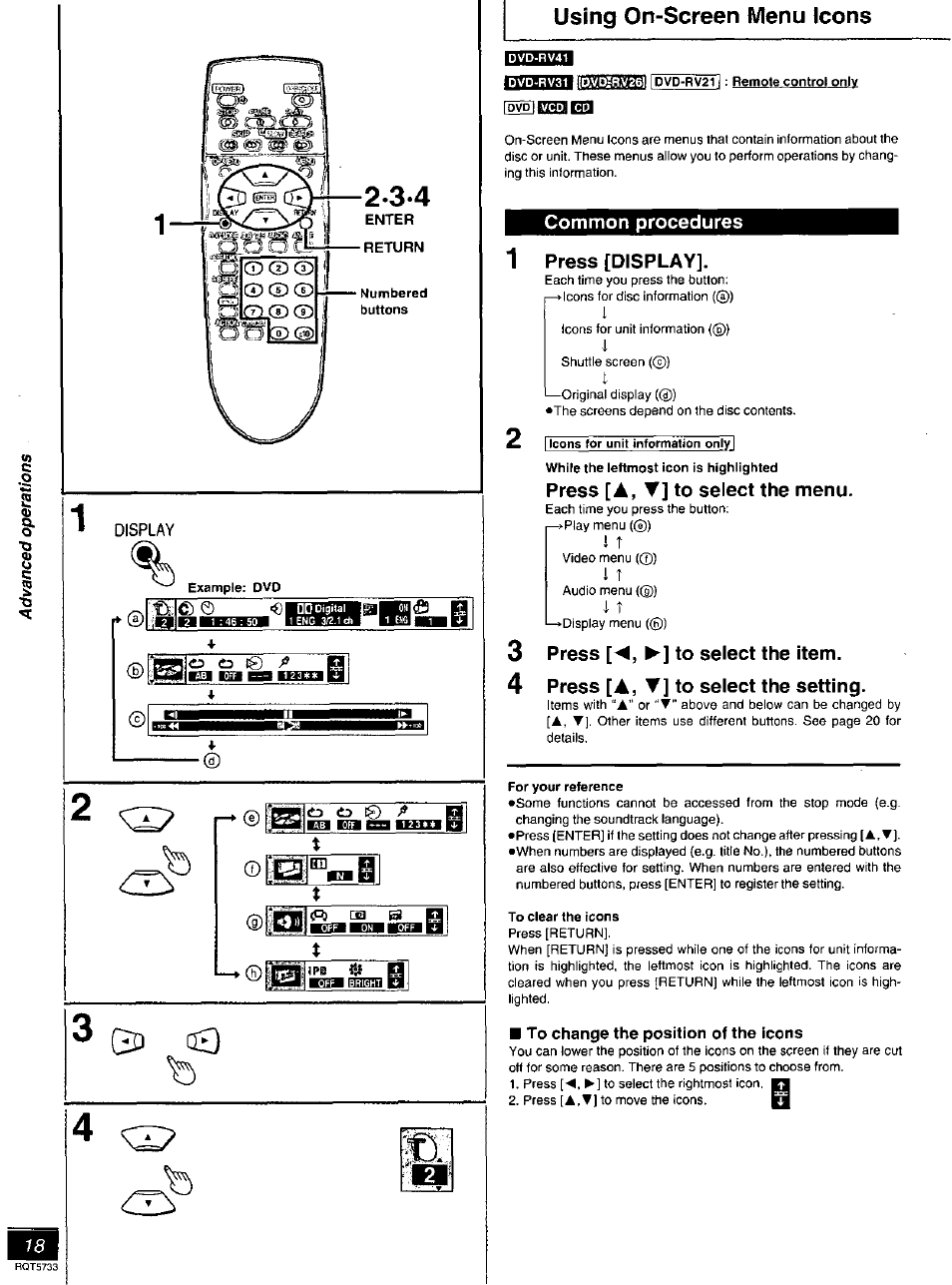 Example; dvo, Dvd-rv41, Dvd-rv2l] : remote control only | Common procedures, 1 press [display, Press [▲, ▼] to select the menu, 3 press [ to select the item, 4 press [a, t] to select the setting, For your reference, To clear the icons | Panasonic DVD-RV21 User Manual | Page 18 / 36