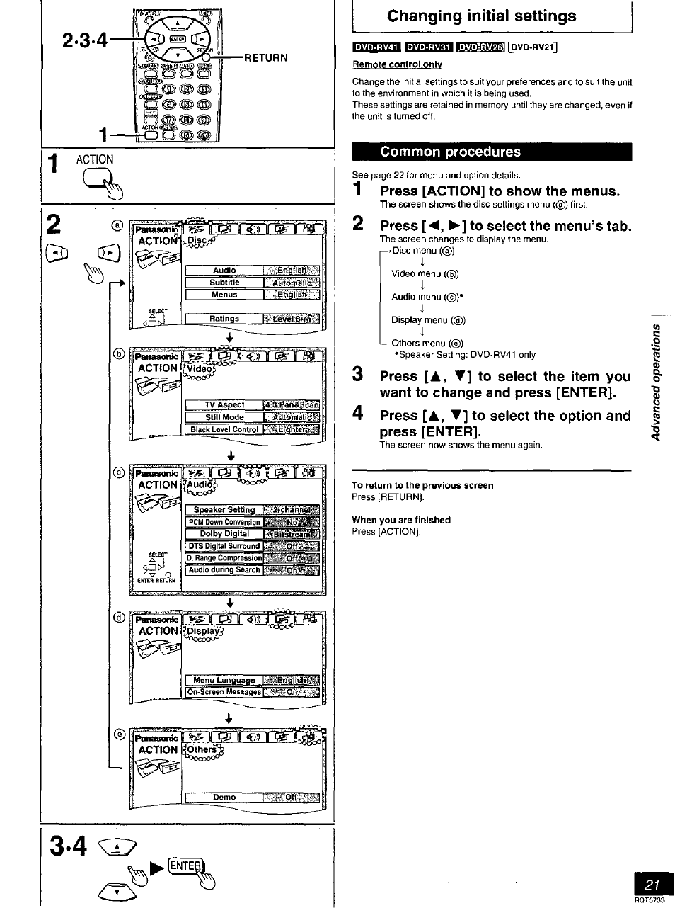 Common procedures, Press [action] to show the menus, Press [◄, ►] to select the menu’s tab | Changing initial settings | Panasonic DVD-RV21 User Manual | Page 21 / 36