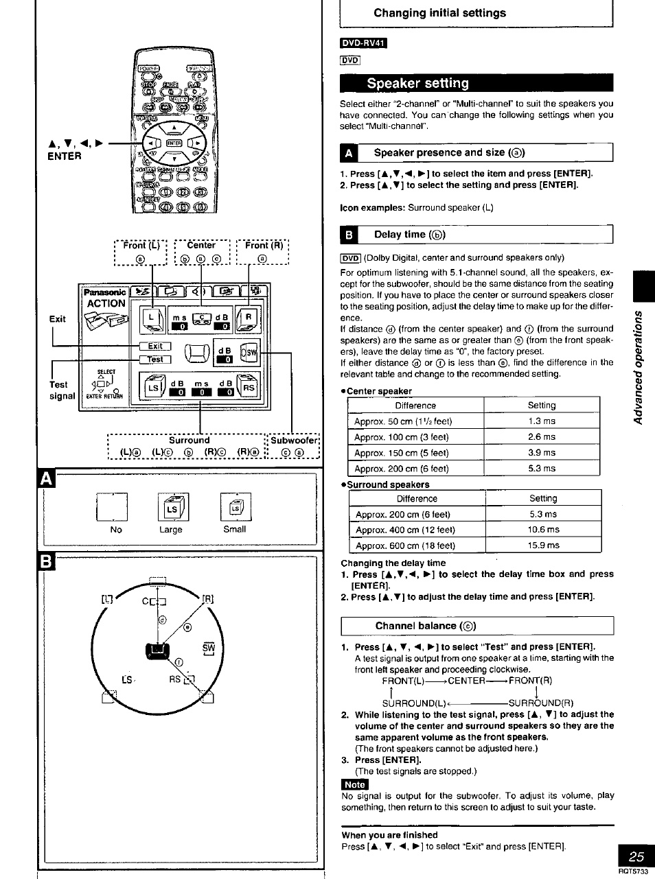 Speaker setting, Speaker presence and size (®), Press ►] to select the item and press [enter | Press [a,t] to select the setting and press [enter, Delay time (®), Changing the delay time, Press [enter, When you are finished | Panasonic DVD-RV21 User Manual | Page 25 / 36