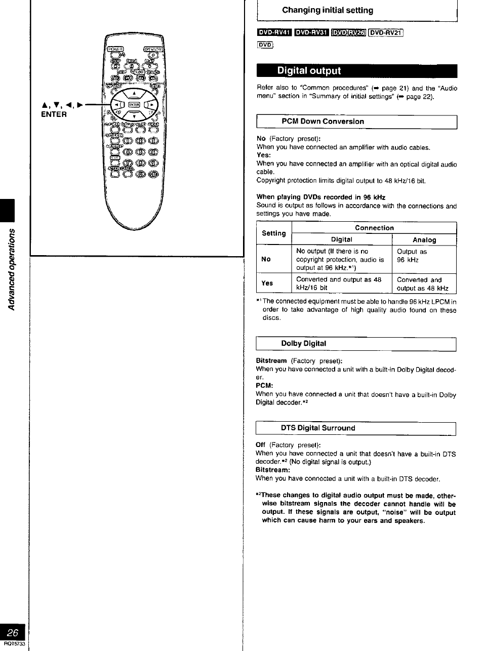 Enter, Digital output, Pcm down conversion | When playing dvds recorded in 96 khz, Dolby digital, Dts digital surround | Panasonic DVD-RV21 User Manual | Page 26 / 36