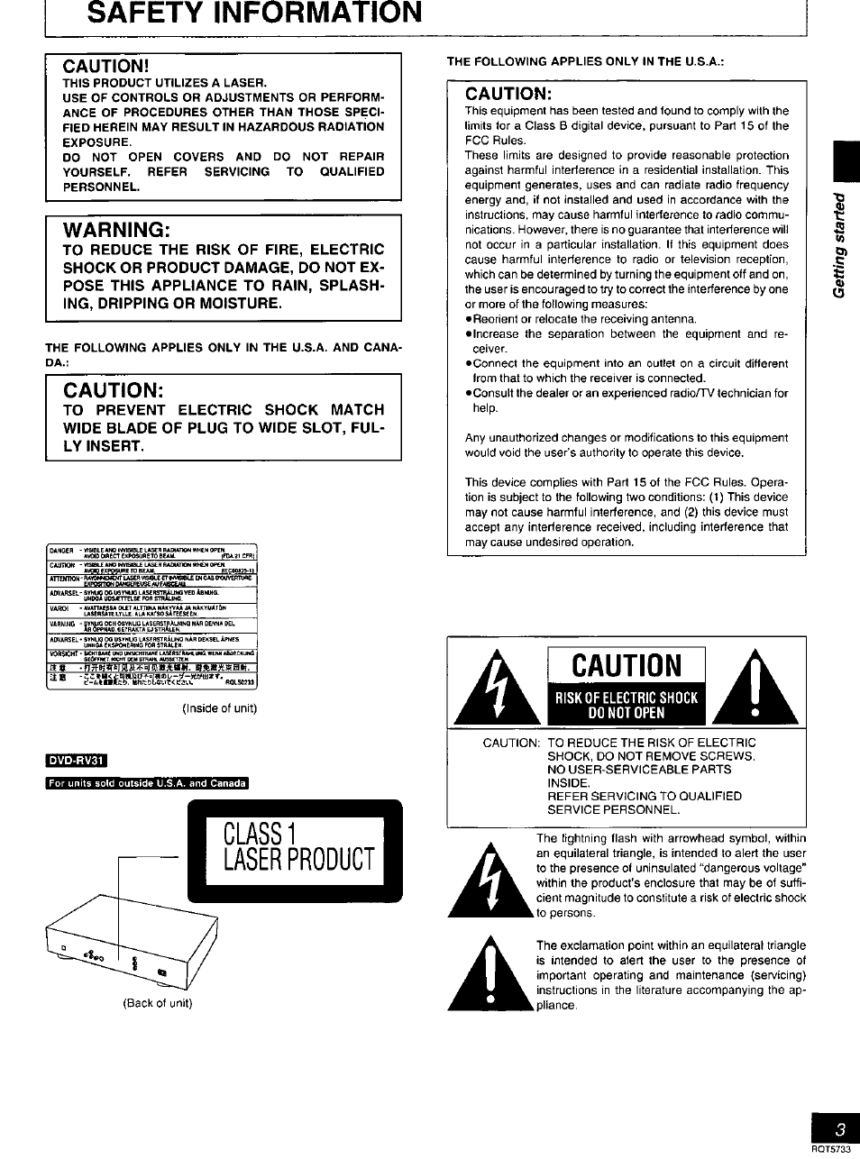 Safety information, Caution, This product utilizes a laser | The following applies only in the u.s.a, Risk of electric shock do not open, Warning | Panasonic DVD-RV21 User Manual | Page 3 / 36