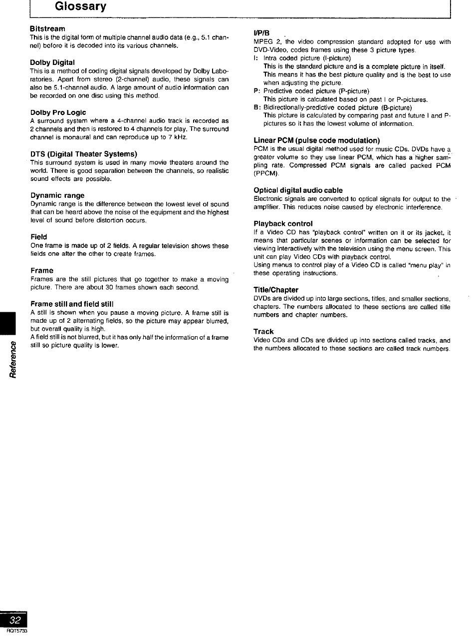 Bitstream, Dolby digital, Dolby pro logic | Dts (digital theater systems), Dynamic range, Field, Frame, Frame still and field still, Linear pcm (pulse code modulation), Optical digital audio cable | Panasonic DVD-RV21 User Manual | Page 32 / 36