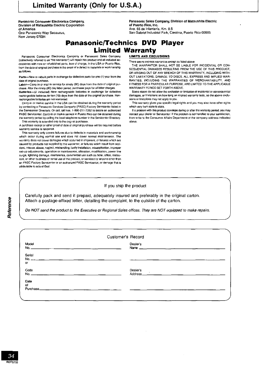 Limited warranty (only for u.s.a.), Panasonic/technics dvd player limited warranty, Umits awp exclusions | Panasonic DVD-RV21 User Manual | Page 34 / 36