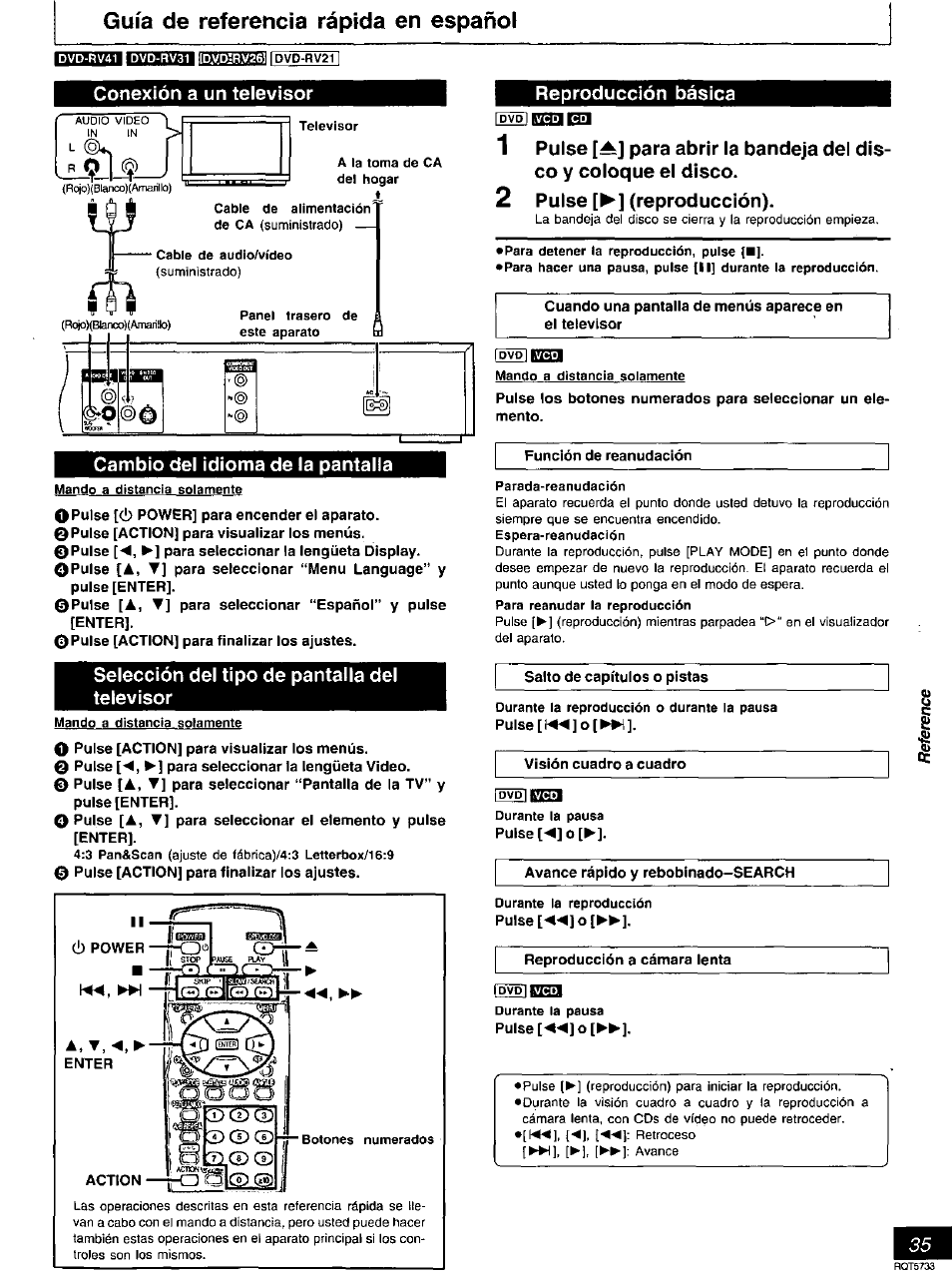 Conexión a un televisor, Cambio del idioma de la pantalla, Selección del tipo de pantalla del televisor | Reproducción básica, 2 pulse [►] (reproducción), Á, t, Guía de referencia rápida en español | Panasonic DVD-RV21 User Manual | Page 35 / 36