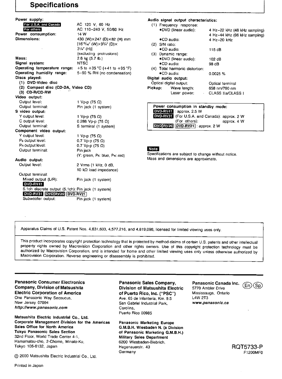 Video output, Audio output, Power consumption in standby mode | Matsushita electric industrial co., ltd, Panasonic canada inc, Rqt5733-p, Specifications | Panasonic DVD-RV21 User Manual | Page 36 / 36