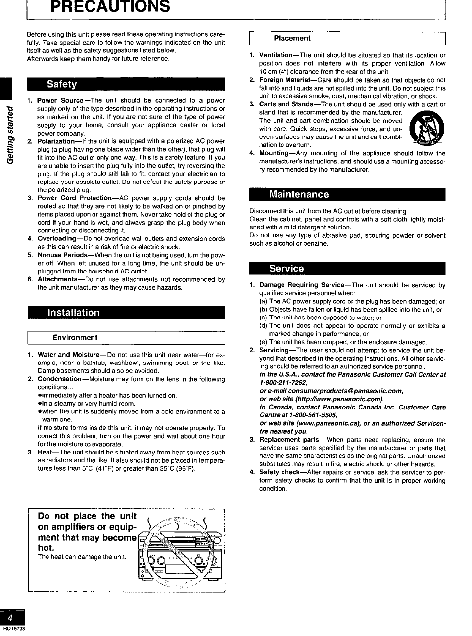 Precautions, Placement, Environment | Safety, Instailation, Maintenance, Service, Do not place the unit, On amplifiers or equip, Ment that may become hot | Panasonic DVD-RV21 User Manual | Page 4 / 36