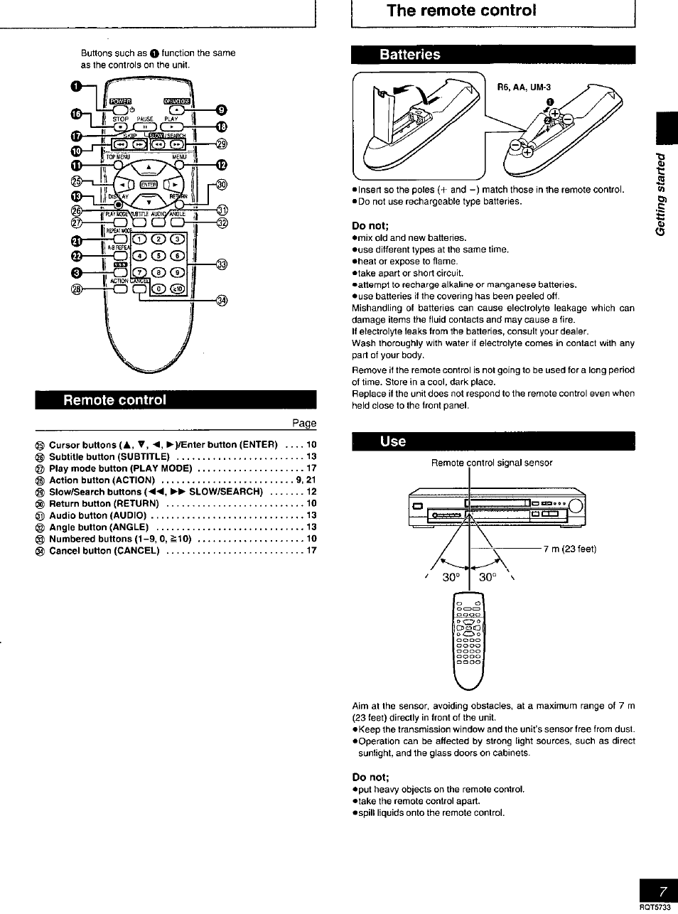 Cursor buttons (a, ▼, '4, ^)/enter button (enter), Do not, The remote control | Remote control, Batteries | Panasonic DVD-RV21 User Manual | Page 7 / 36