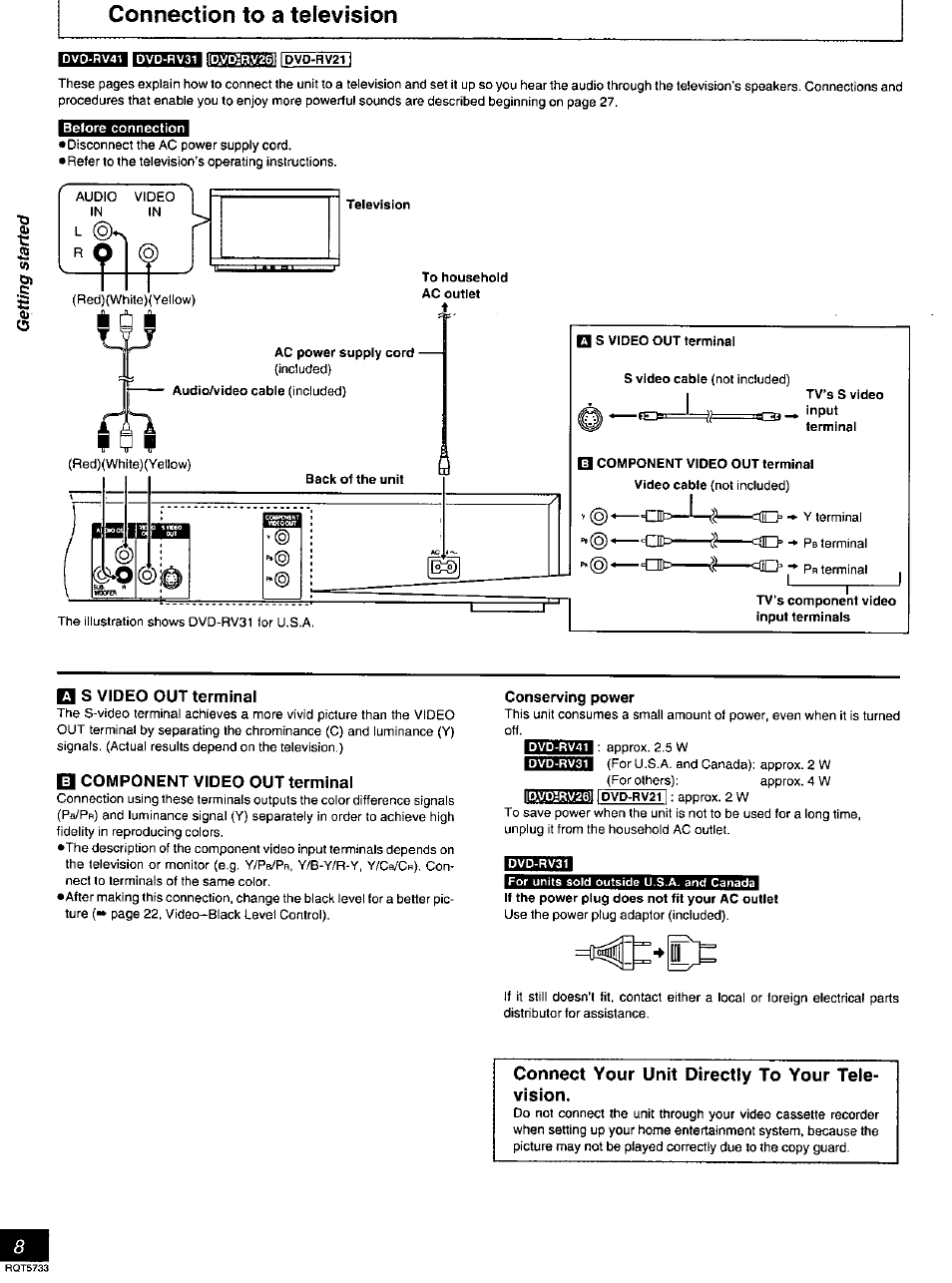 Before connection, S video out terminal, Component video out terminal | Conserving power, If the power plug does not fit your ac outlet, Connection to a television, Connect your unit directly to your tele­ vision | Panasonic DVD-RV21 User Manual | Page 8 / 36