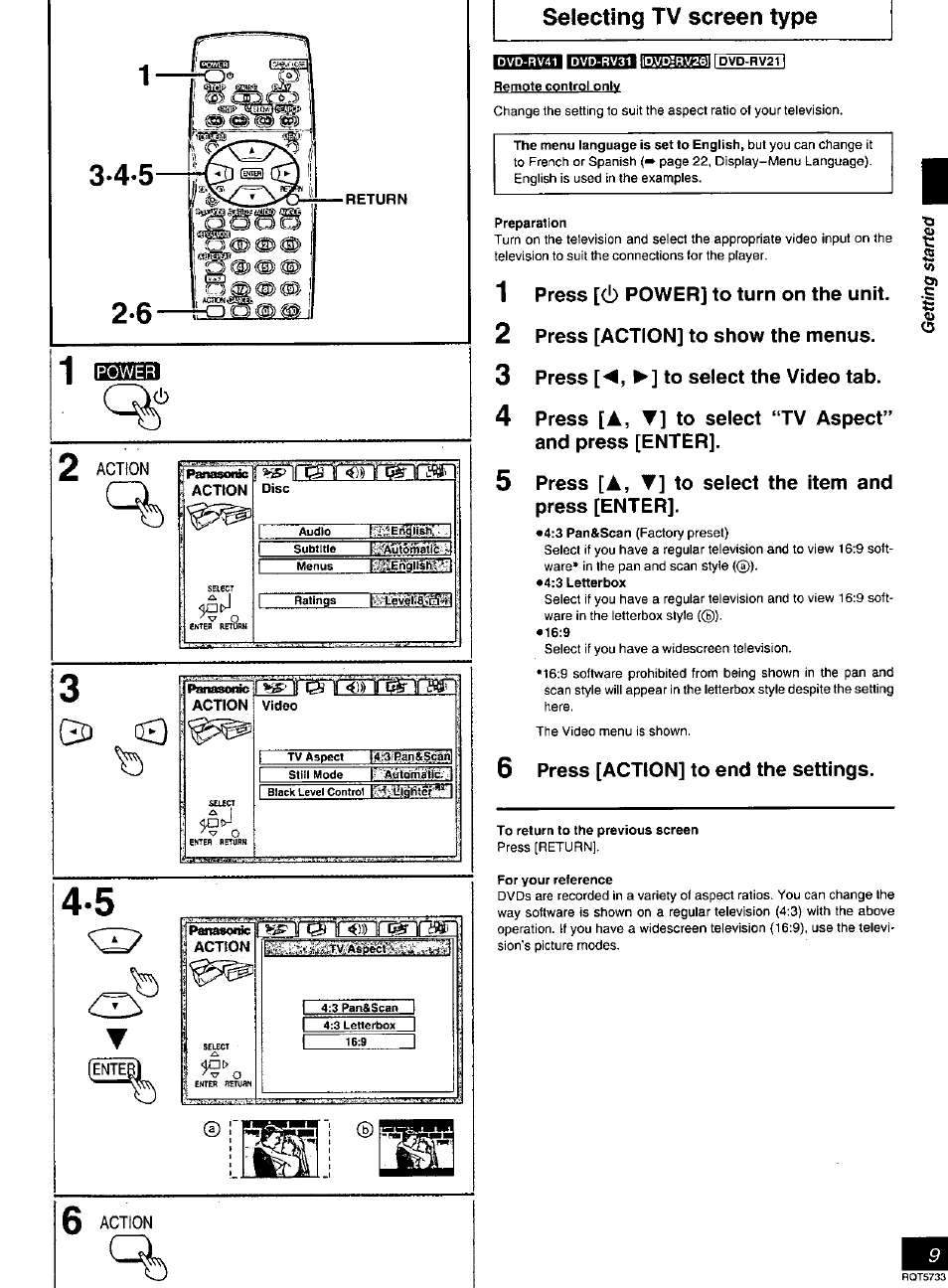 Remote control only, Preparation, Press [a, ▼] to select the item and press [enter | 6 press [action] to end the settings, For your reference, Remote control, Selecting tv screen type | Panasonic DVD-RV21 User Manual | Page 9 / 36