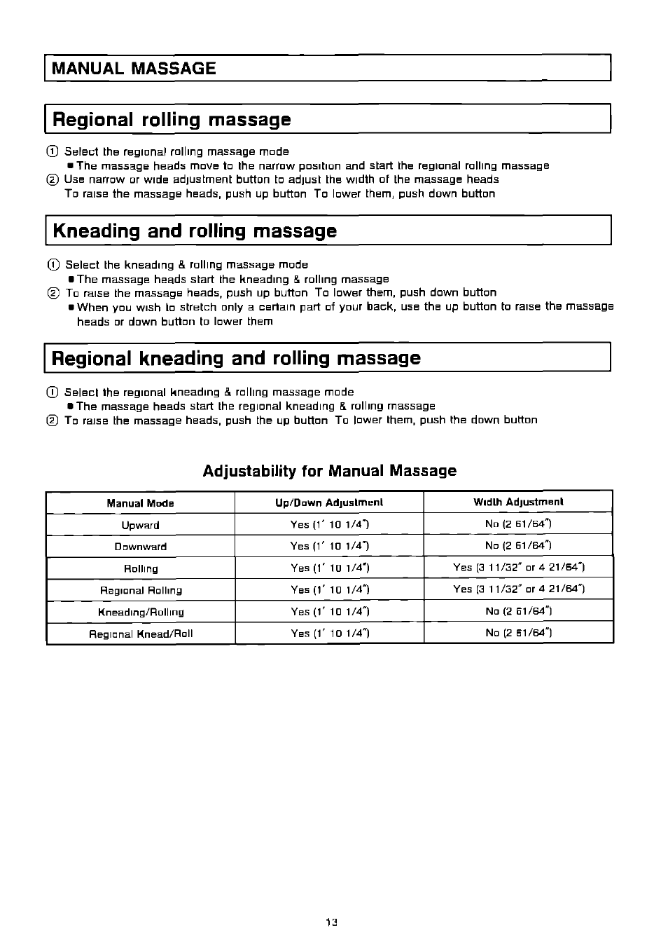 Regional rolling massage, Kneading and rolling massage, Regional kneading and rolling massage | Manual massage, Adjustability for manual massage | Panasonic EP574 User Manual | Page 13 / 48