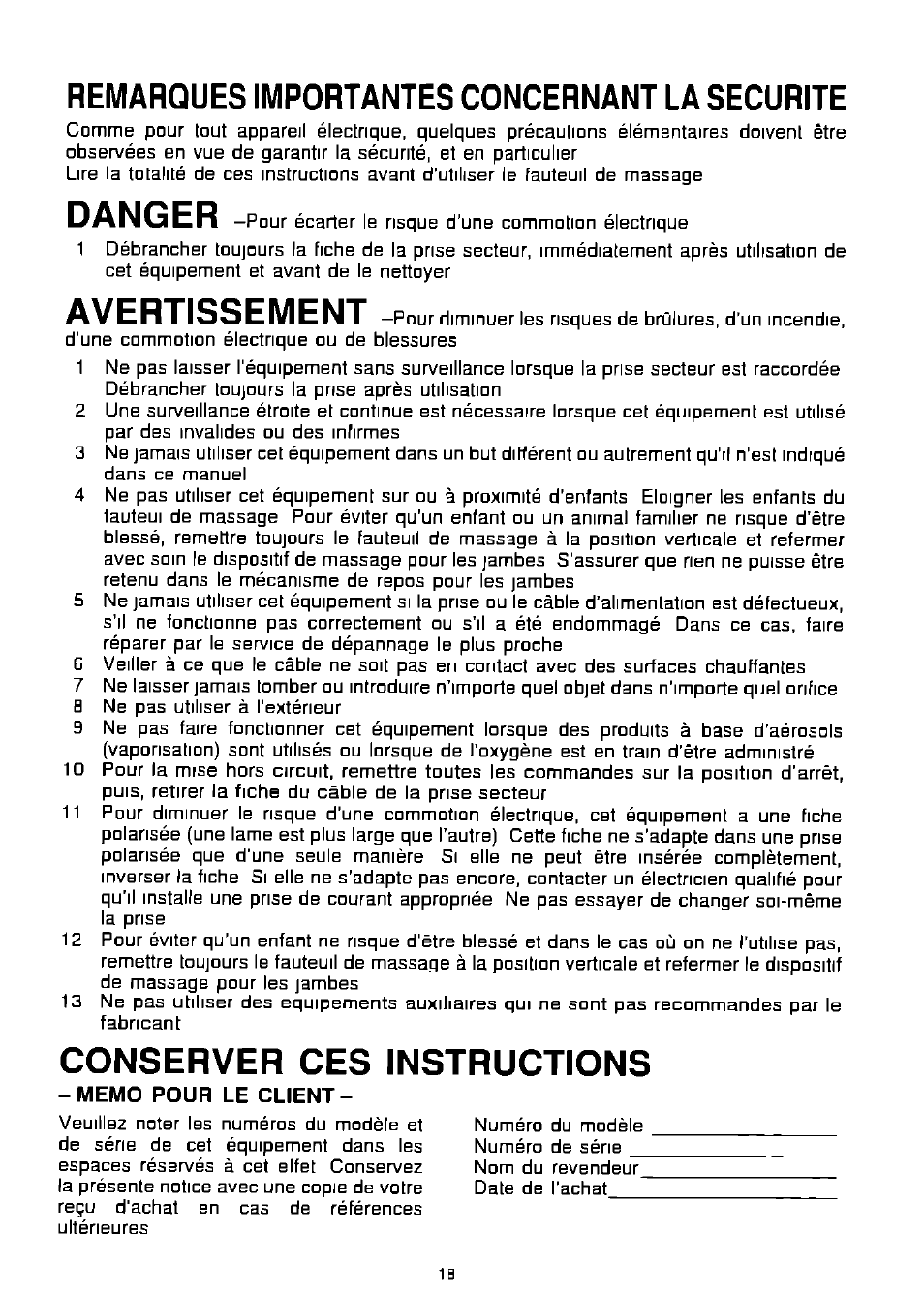 Remarques importantes concernant la securite, Conserver ces instructions, Danger | Avertissement | Panasonic EP574 User Manual | Page 18 / 48