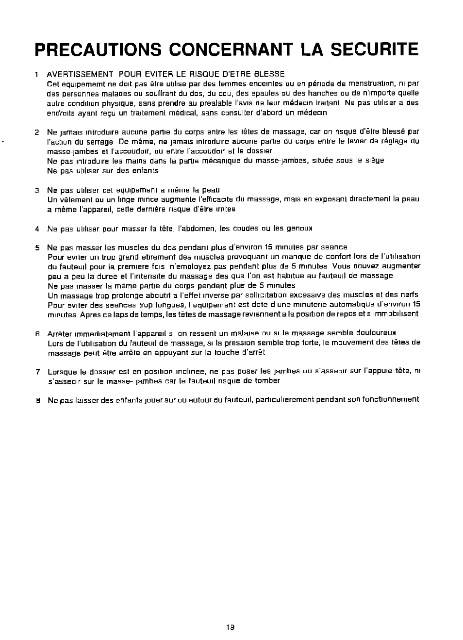 Precautions concernant la securite | Panasonic EP574 User Manual | Page 19 / 48