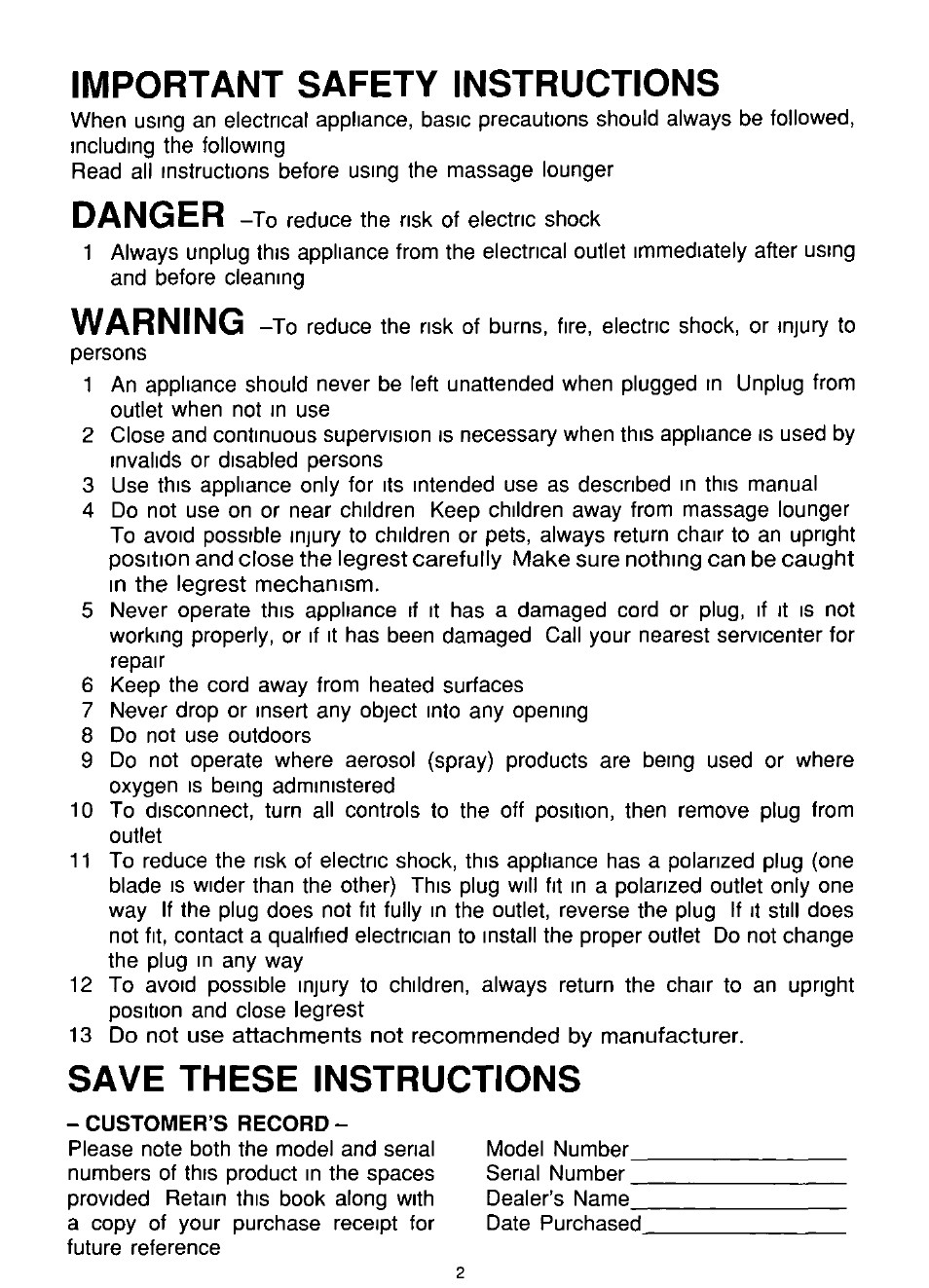 Important safety instructions, Save these instructions, Danger | Warning | Panasonic EP574 User Manual | Page 2 / 48