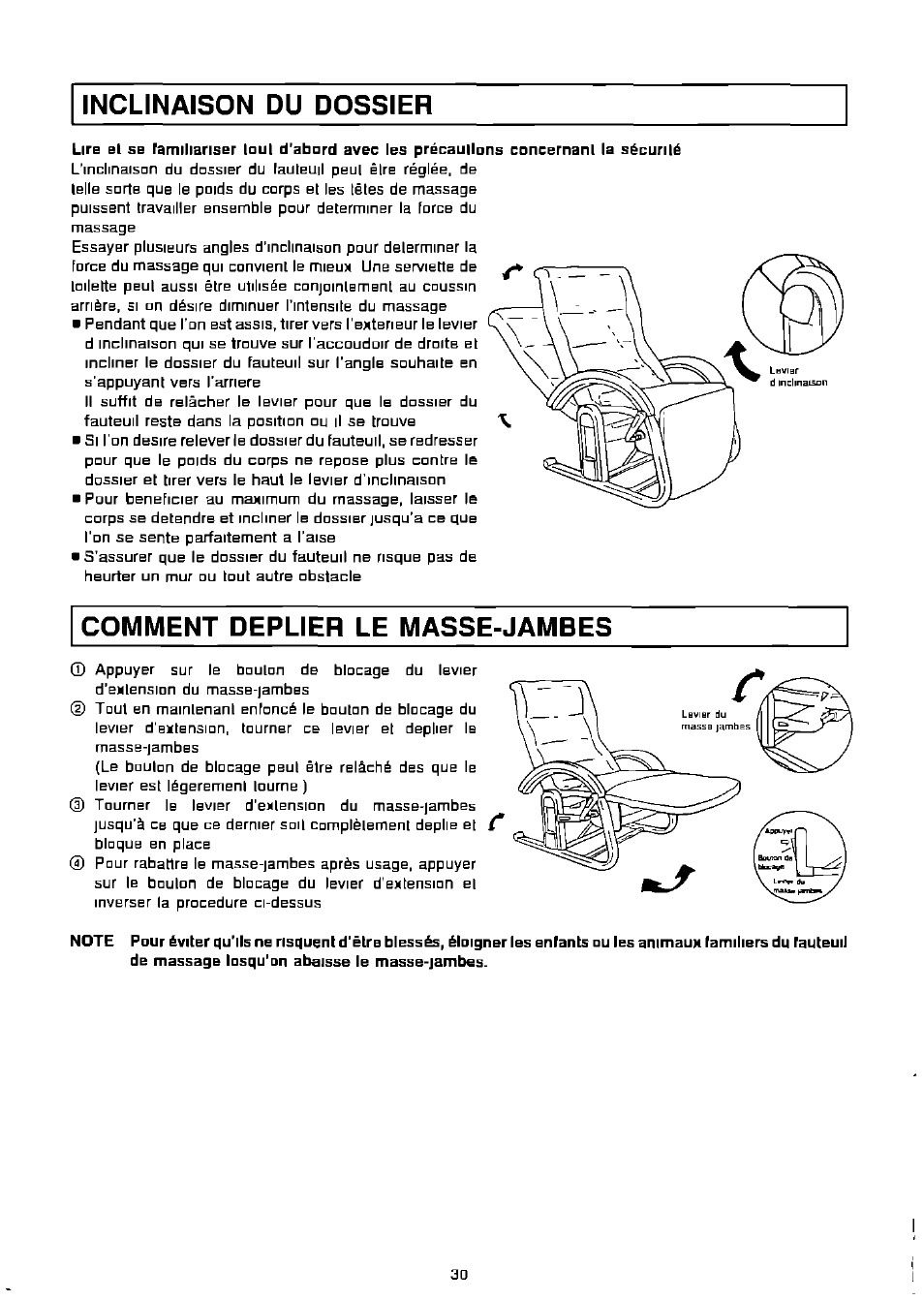 Comment deplier le masse-jambes, Inclinaison du dossier | Panasonic EP574 User Manual | Page 30 / 48