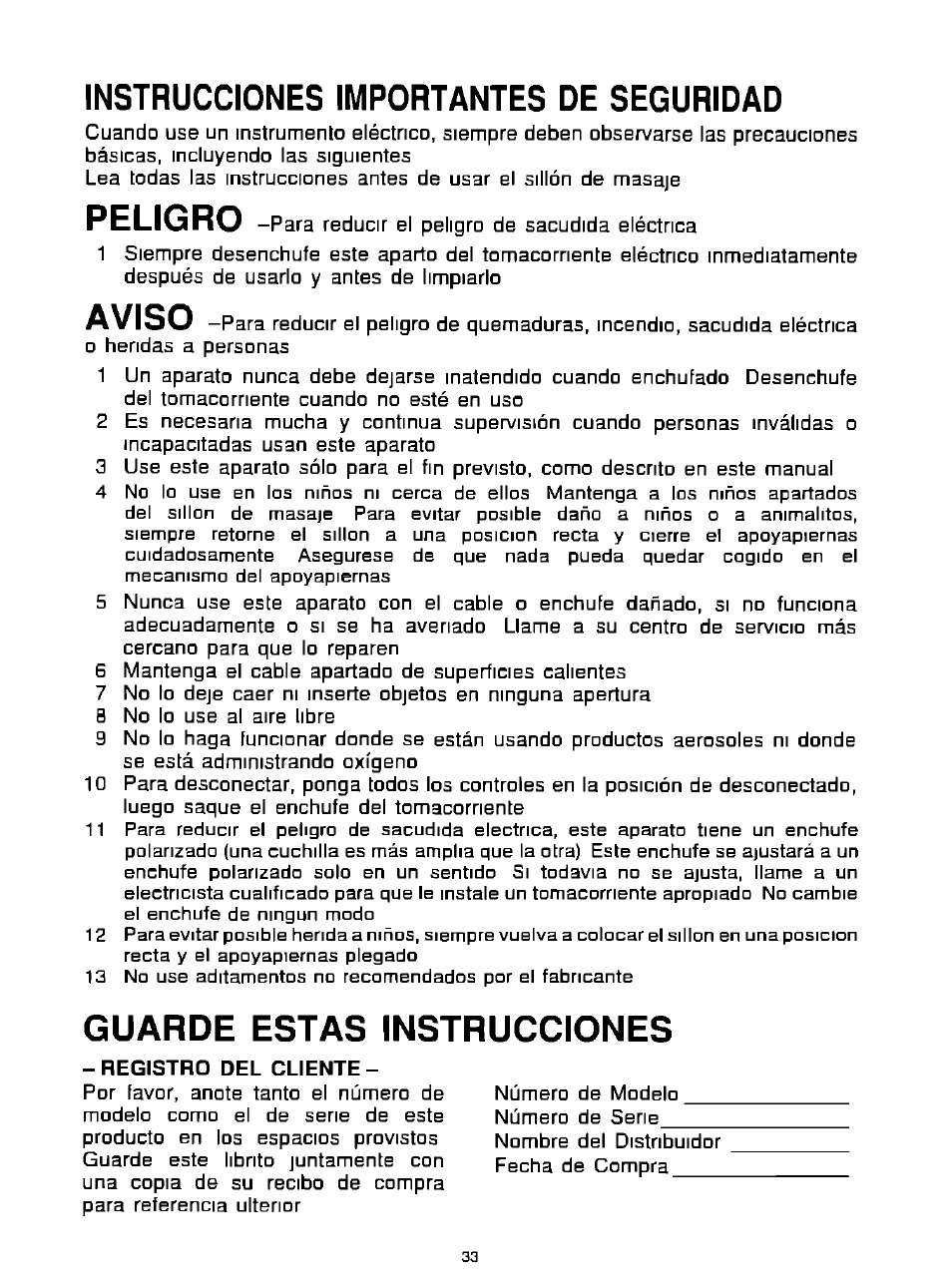 Instrucciones importantes de seguridad, Guarde estas instrucciones, Peligro | Aviso | Panasonic EP574 User Manual | Page 33 / 48