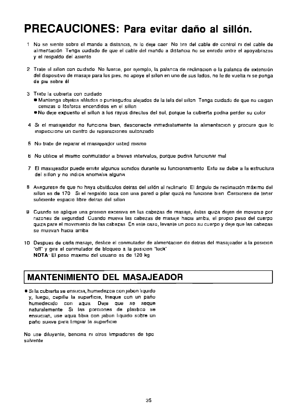 Precauciones: para evitar daño al sillón, Mantenimiento del masajeador | Panasonic EP574 User Manual | Page 35 / 48