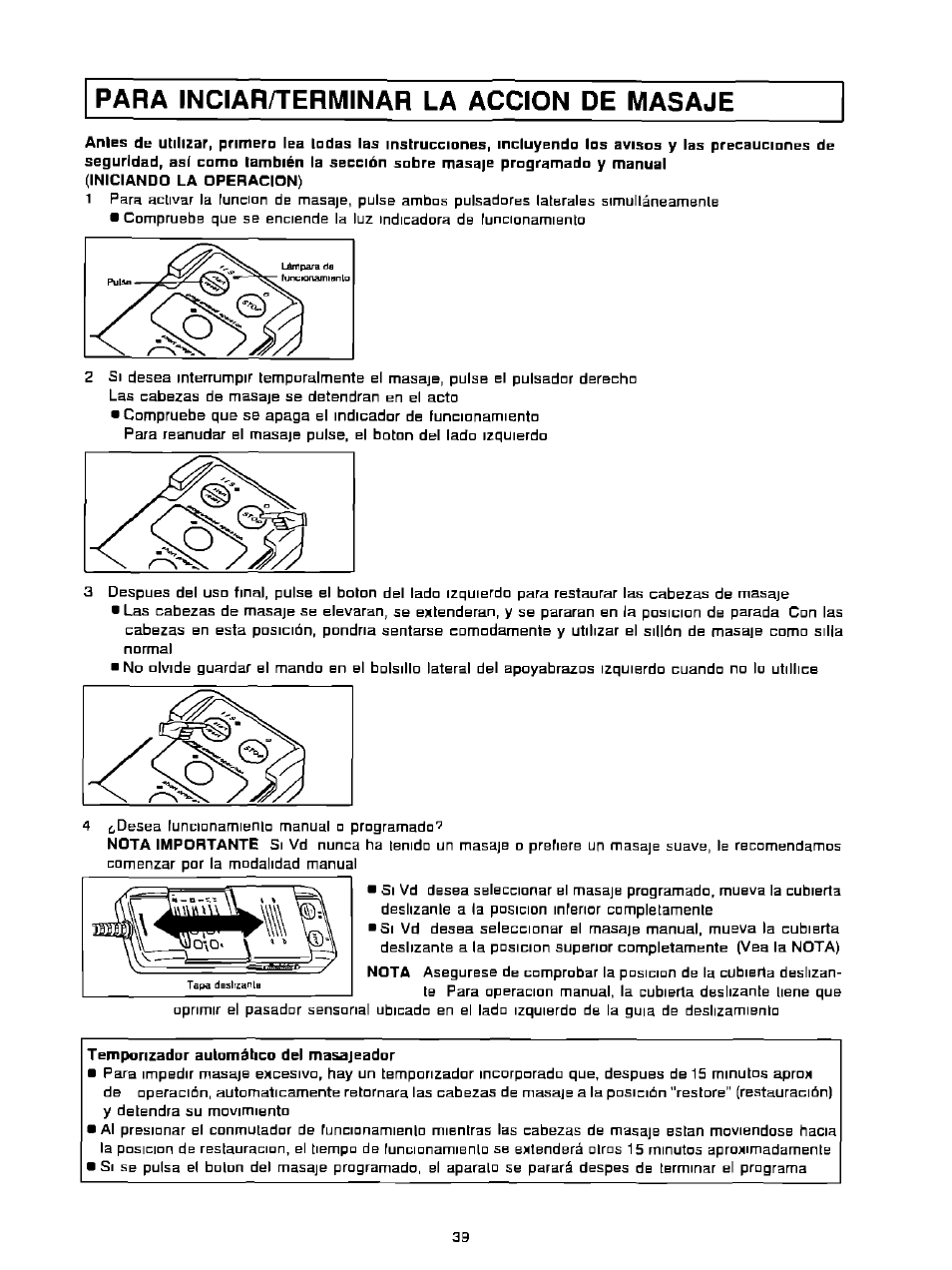 Para inciar/terminar la accion de masaje | Panasonic EP574 User Manual | Page 39 / 48