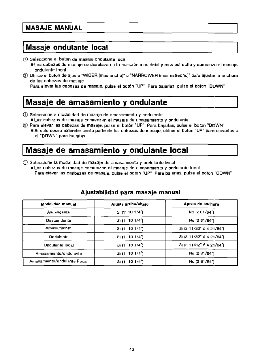 Masaje ondulante local, Masaje manual, Masaje de amasamiento y ondulante | Masaje de amasamiento y ondulante local, Ajustabilidad para masaje manual | Panasonic EP574 User Manual | Page 43 / 48