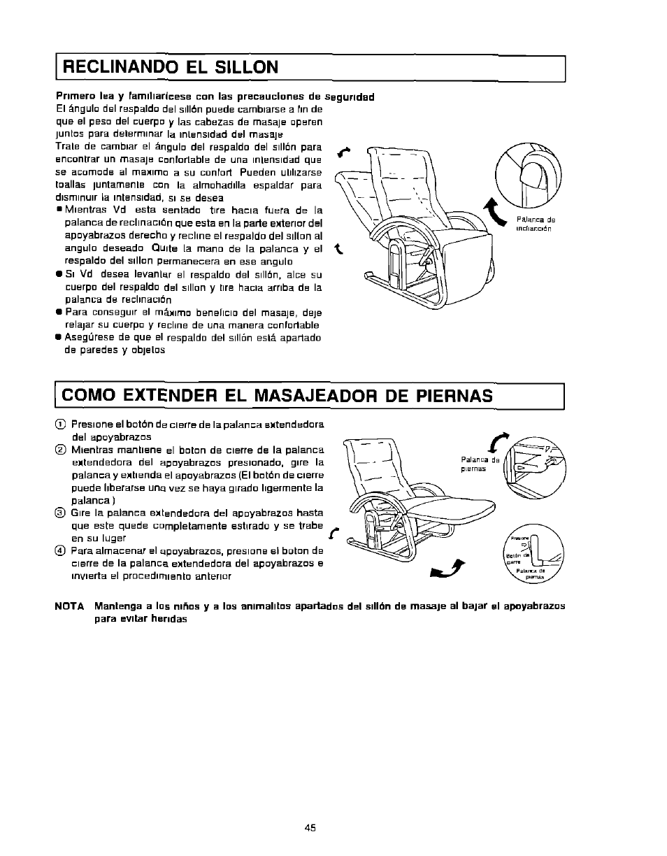 Como extender el masajeador de piernas, Reclinando el sillon | Panasonic EP574 User Manual | Page 45 / 48