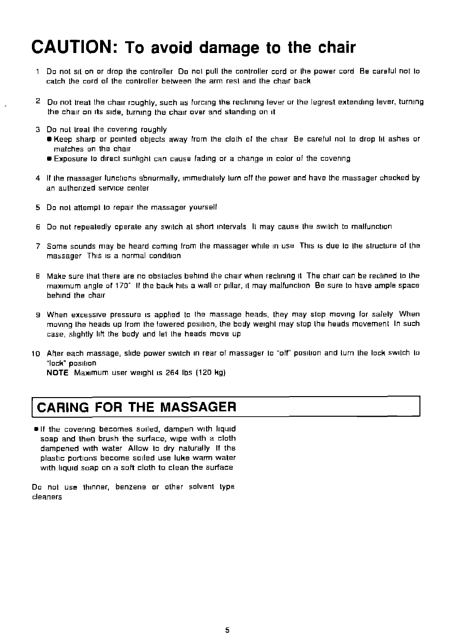 Caution: to avoid damage to the chair, Caring for the massager | Panasonic EP574 User Manual | Page 5 / 48