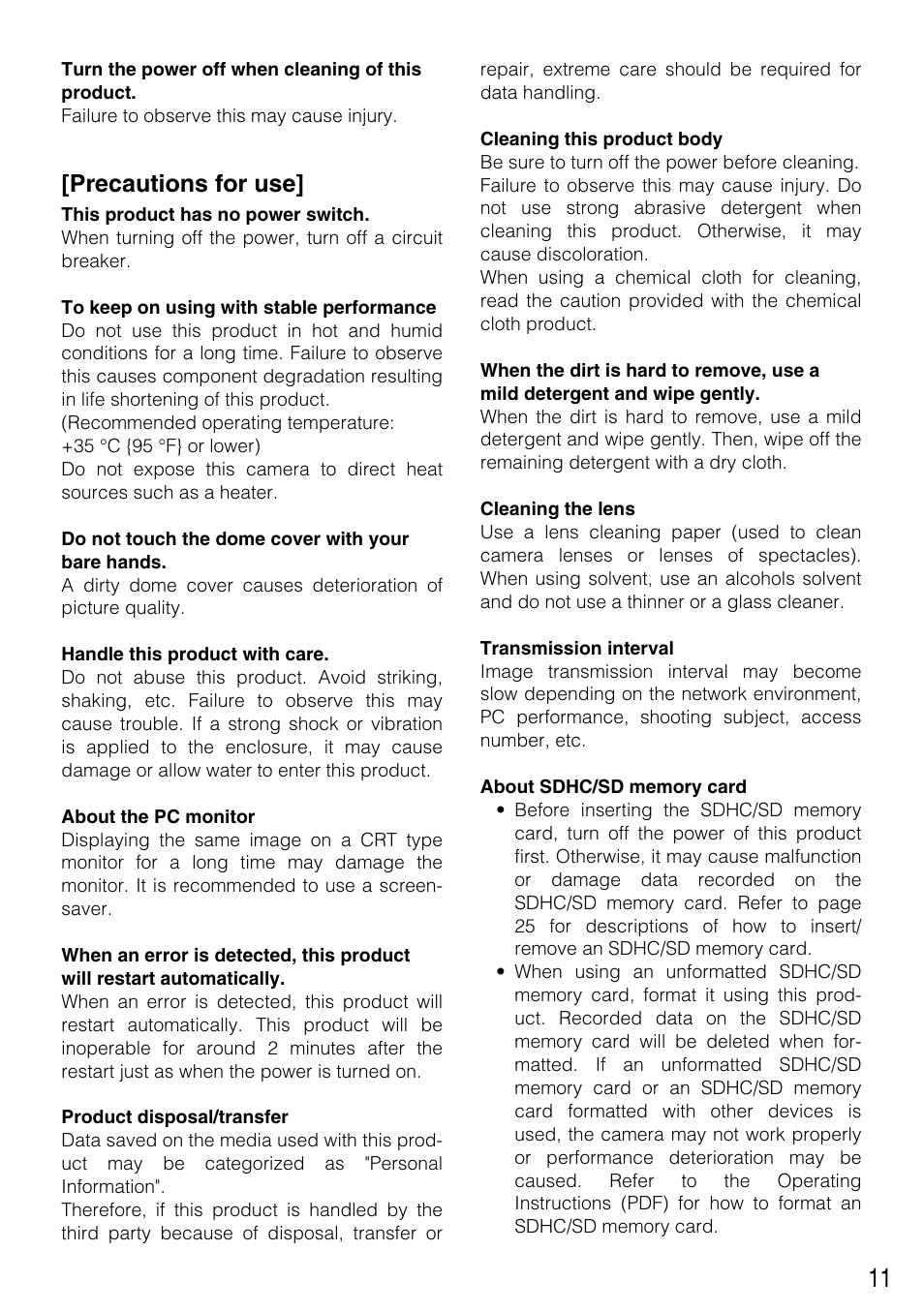 Precautions for use | Panasonic WV-NW502SK User Manual | Page 11 / 44