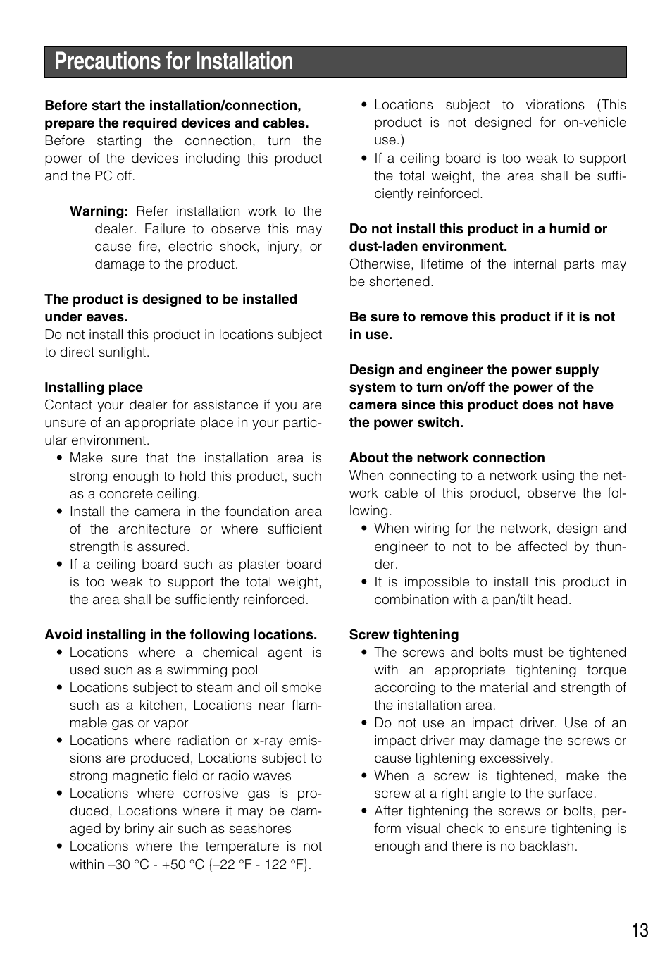 Precautions for installation | Panasonic WV-NW502SK User Manual | Page 13 / 44