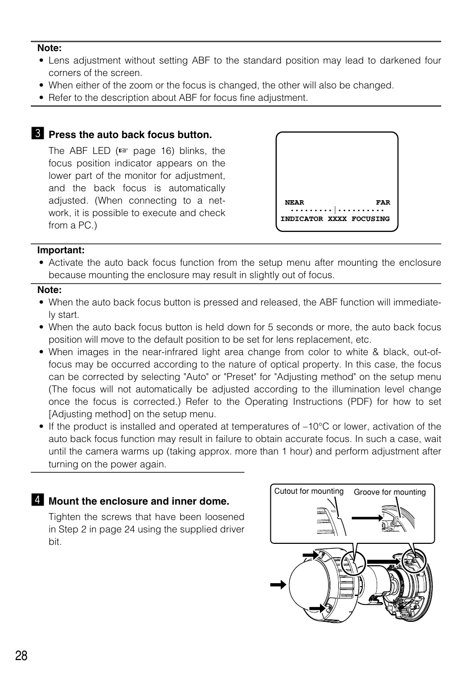 Press the auto back focus button, Mount the enclosure and inner dome | Panasonic WV-NW502SK User Manual | Page 28 / 44