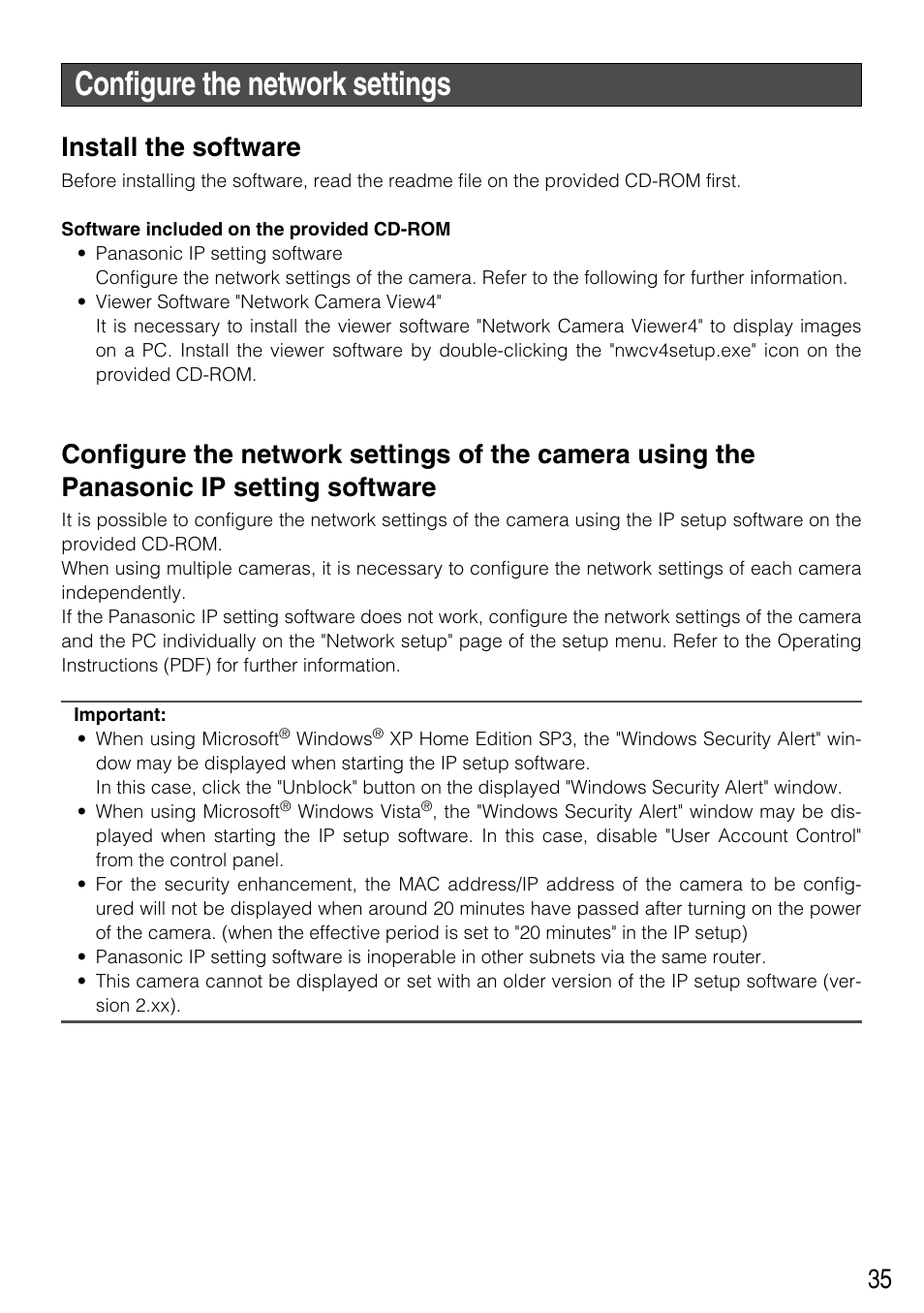 Configure the network settings, Install the software | Panasonic WV-NW502SK User Manual | Page 35 / 44