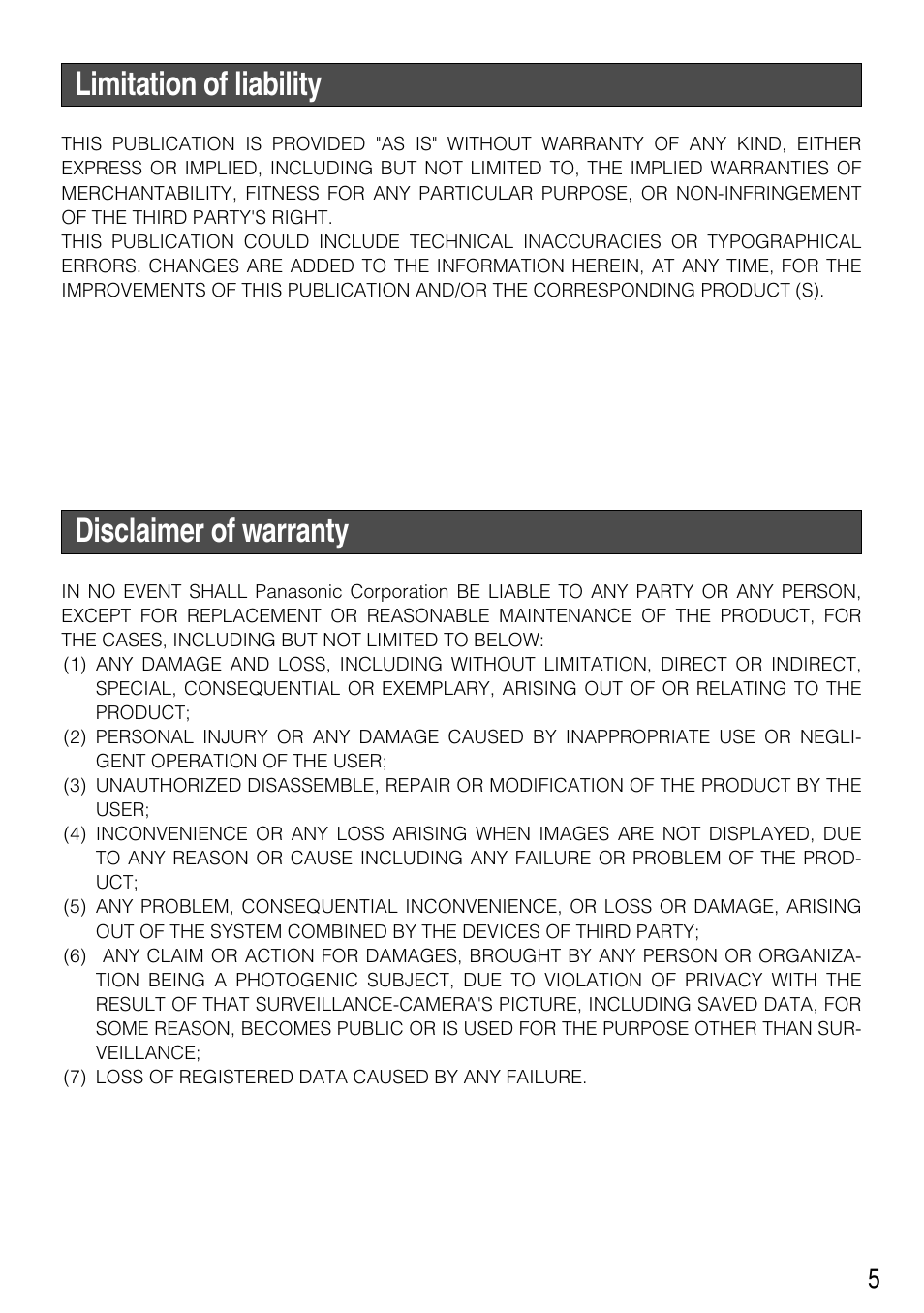 Limitation of liability, Disclaimer of warranty | Panasonic WV-NW502SK User Manual | Page 5 / 44