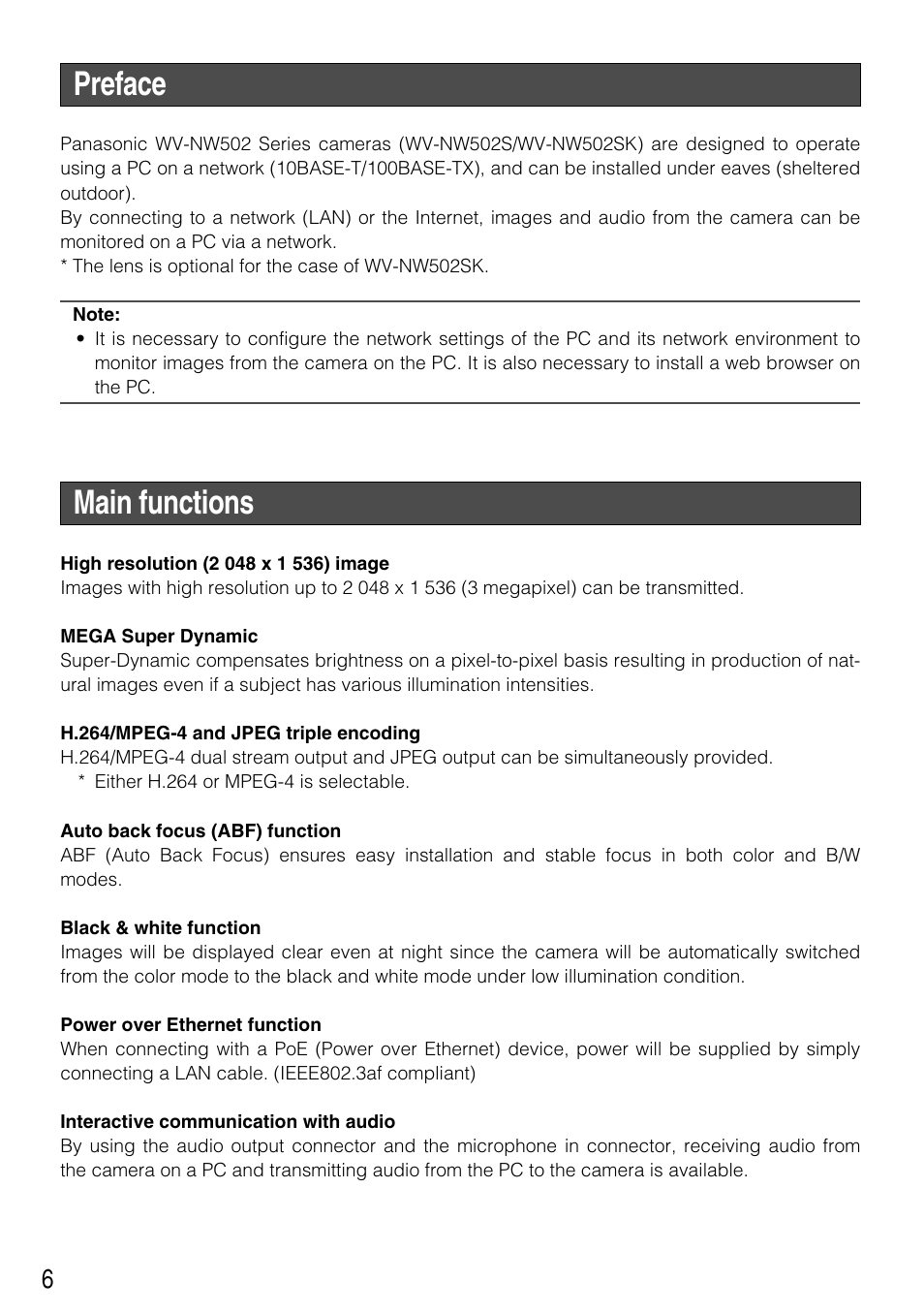 Preface, Main functions | Panasonic WV-NW502SK User Manual | Page 6 / 44