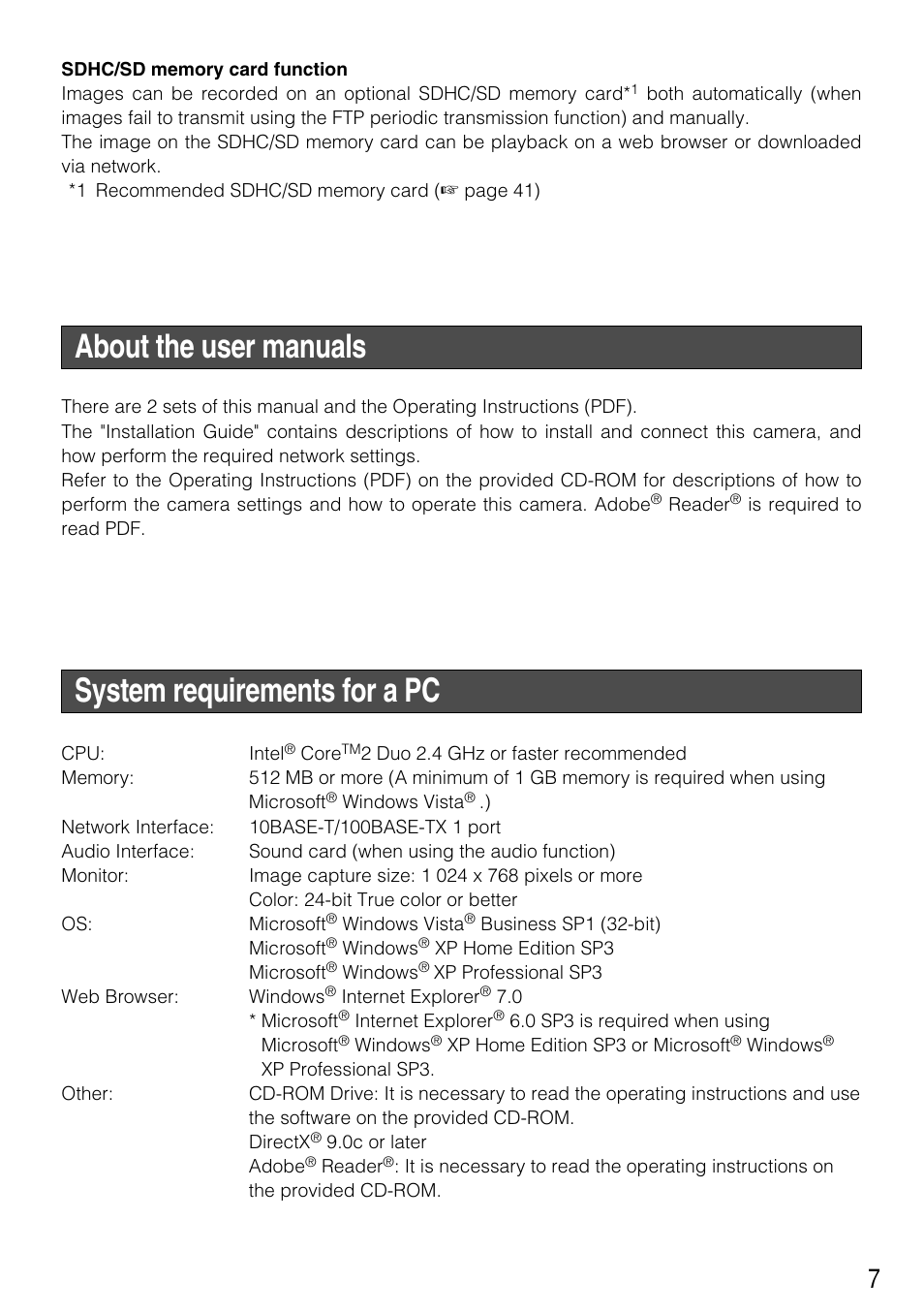 About the user manuals, System requirements for a pc | Panasonic WV-NW502SK User Manual | Page 7 / 44