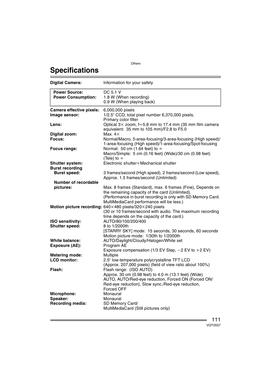 Specifications | Panasonic DMC-FX9PP User Manual | Page 111 / 124