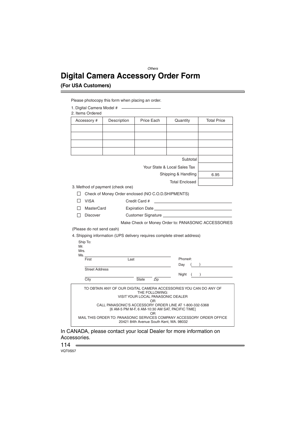 Digital camera accessory order form | Panasonic DMC-FX9PP User Manual | Page 114 / 124