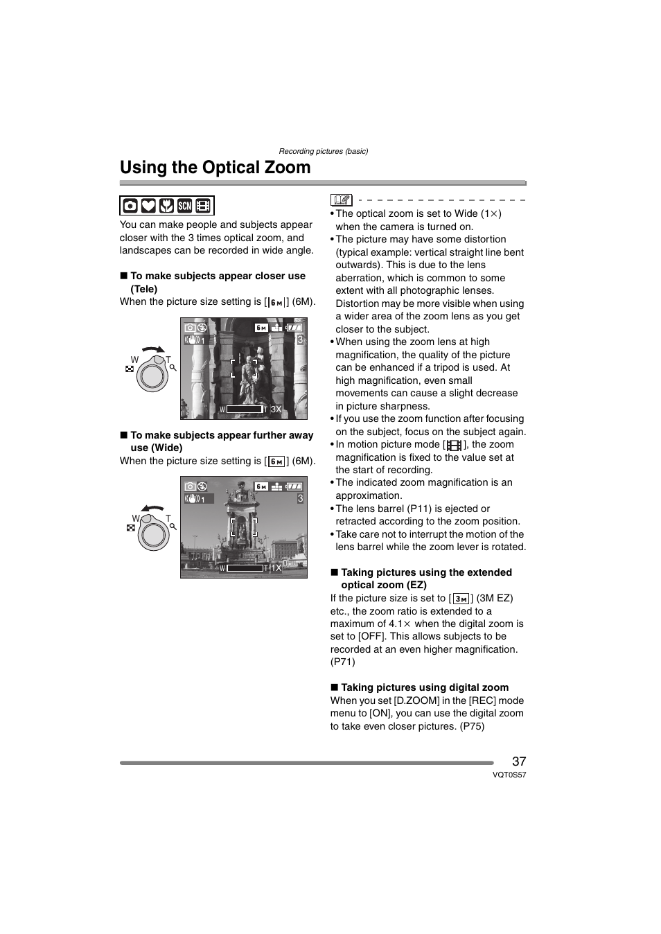 Using the optical zoom | Panasonic DMC-FX9PP User Manual | Page 37 / 124
