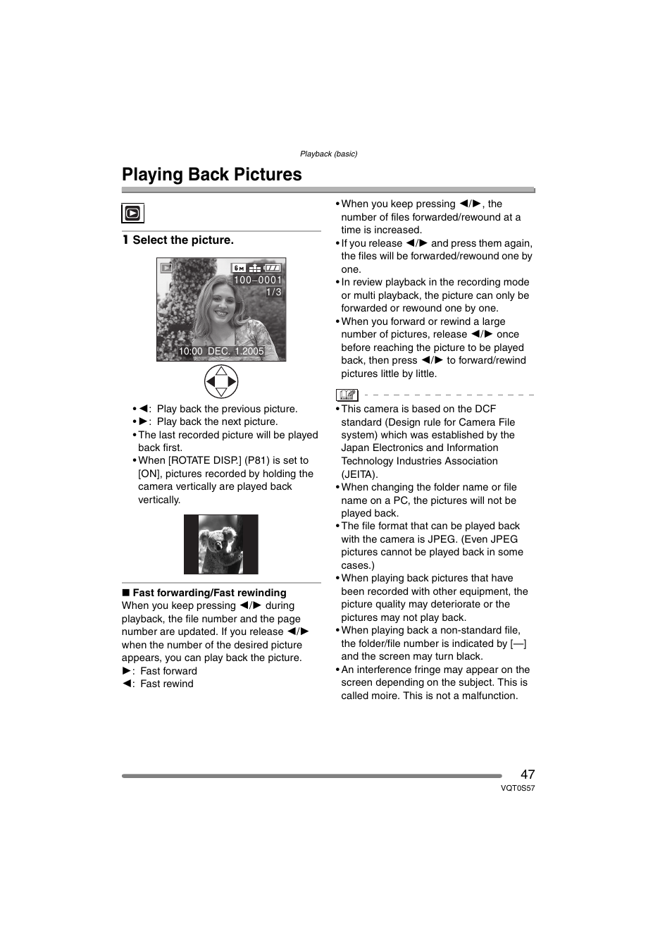 Playback (basic), Playing back pictures | Panasonic DMC-FX9PP User Manual | Page 47 / 124