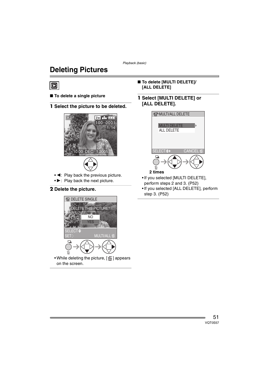 Deleting pictures | Panasonic DMC-FX9PP User Manual | Page 51 / 124