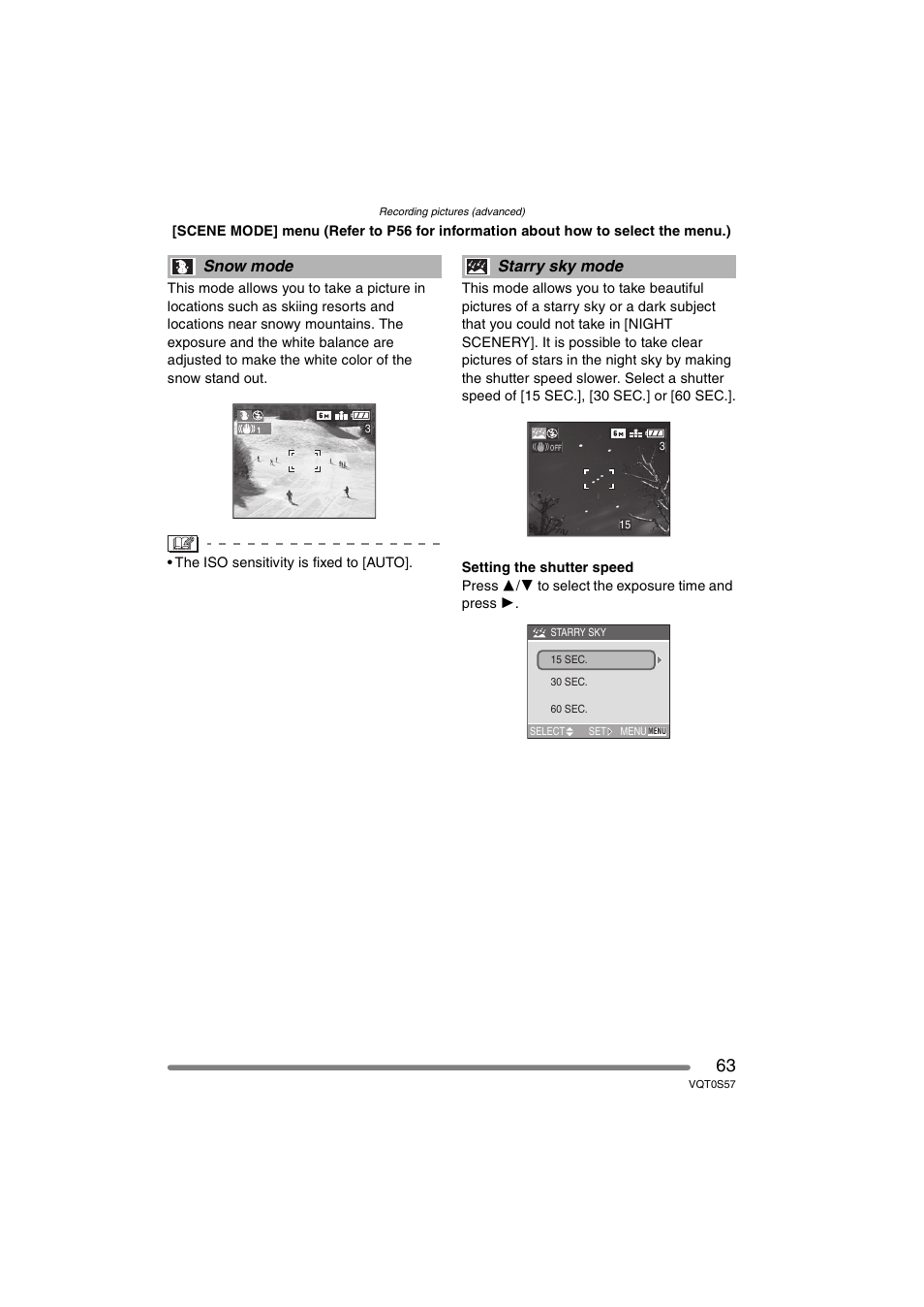 Snow mode, Starry sky mode | Panasonic DMC-FX9PP User Manual | Page 63 / 124